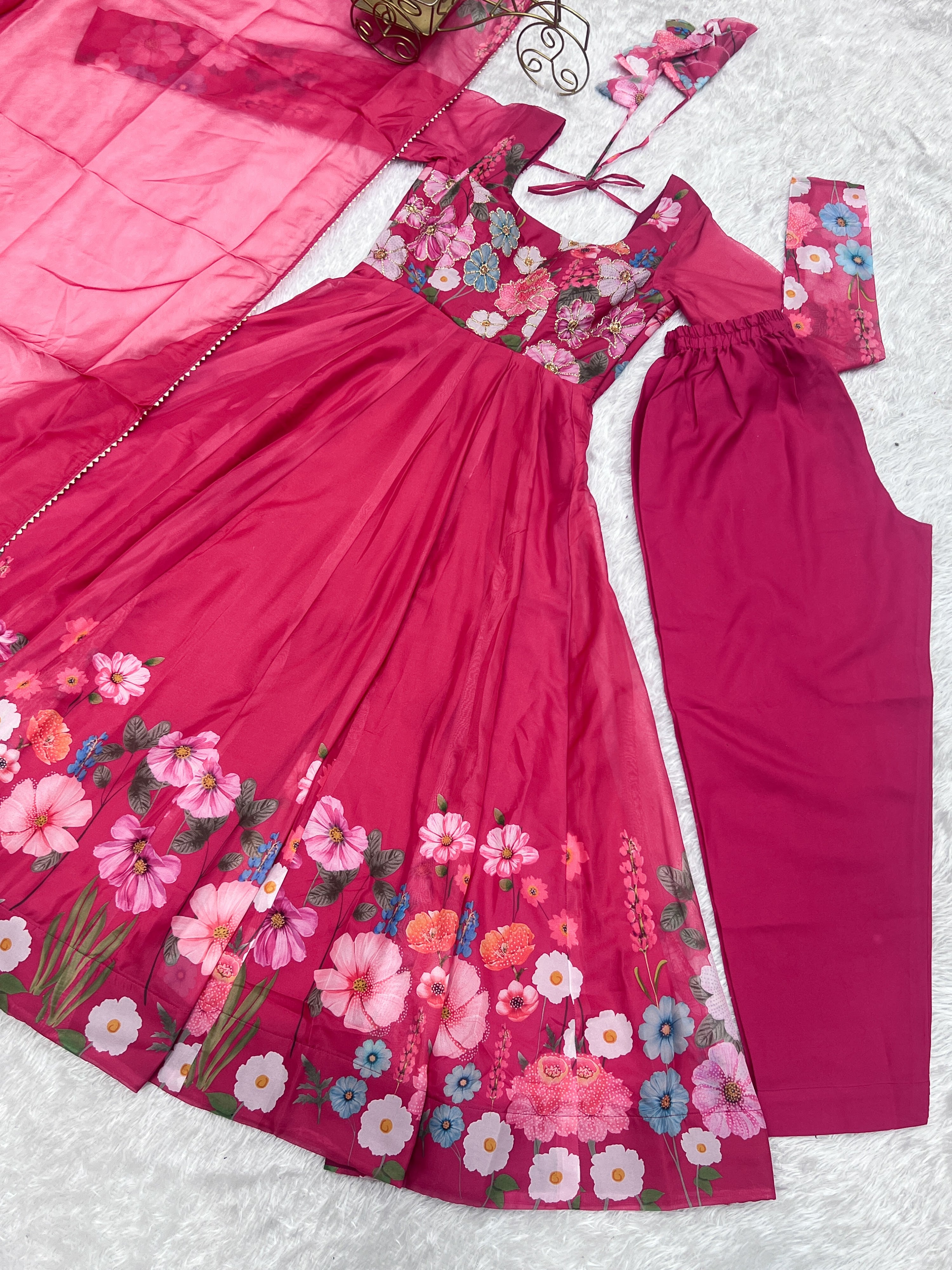 Organza Silk Printed Anarkali Set – Pink