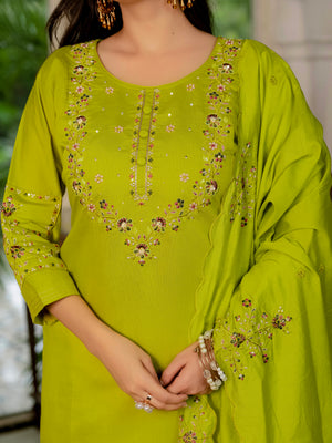 Marina Silk Embroidered Straight Kurti Set – Parrot Green