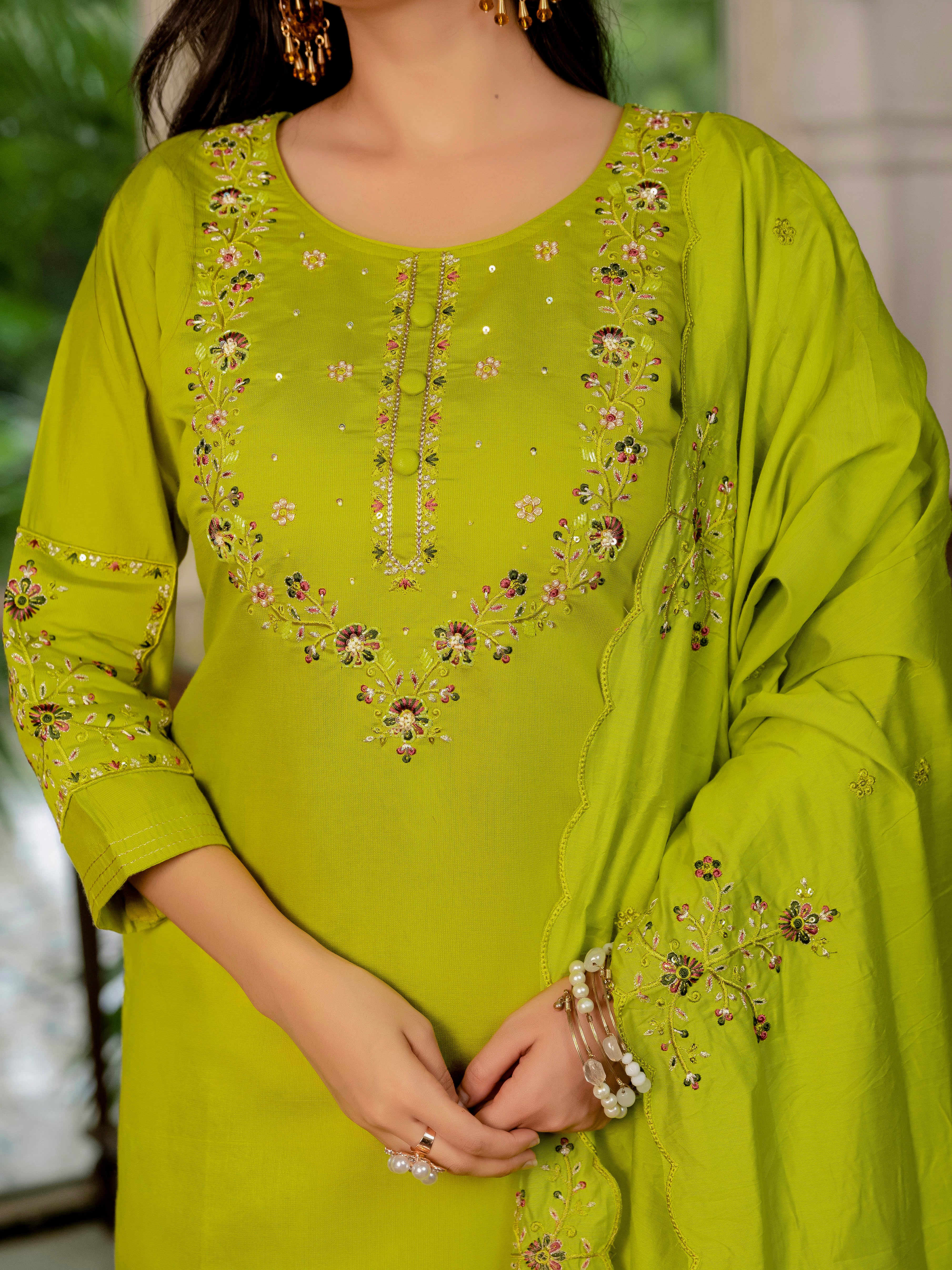 Marina Silk Embroidered Straight Kurti Set – Parrot Green