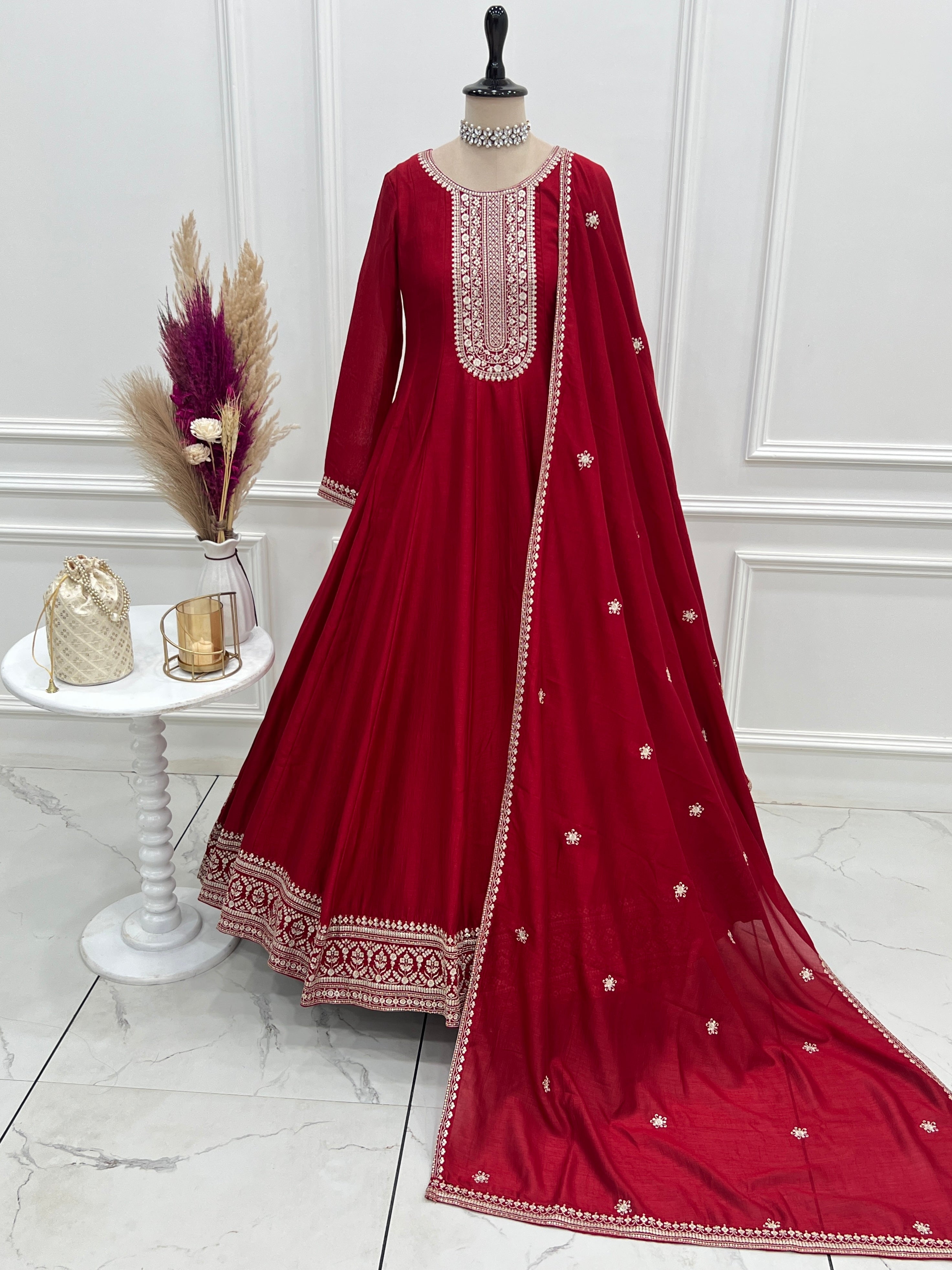 Vichitra Silk Embroidered Gown Set – Dark Red