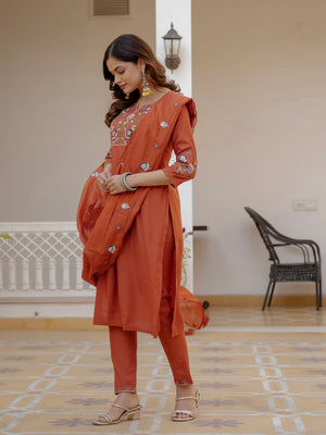 Pure Viscose Mango Silk Embroidered Straight Kurti Set – Rust