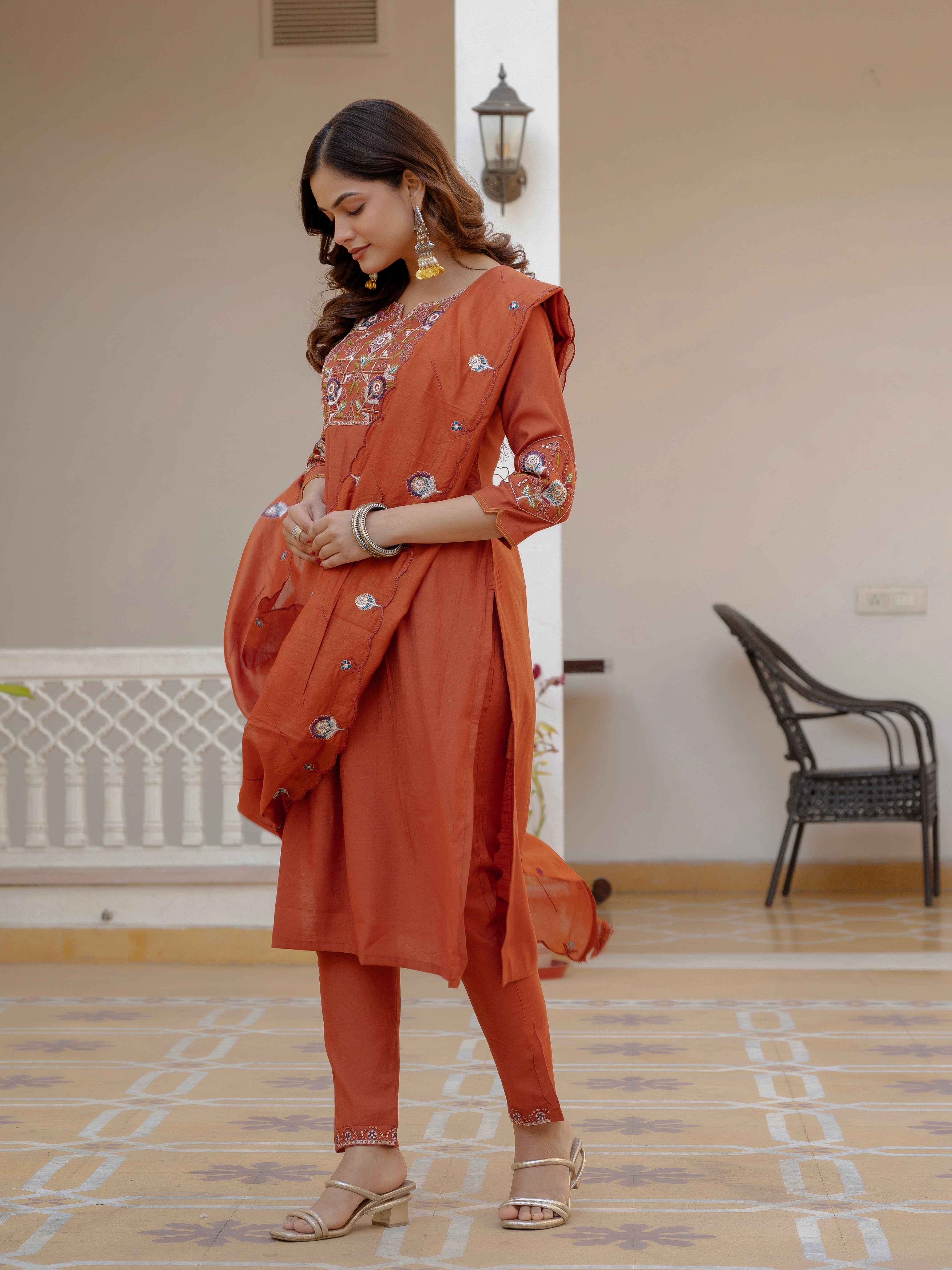Pure Viscose Mango Silk Embroidered Straight Kurti Set – Rust