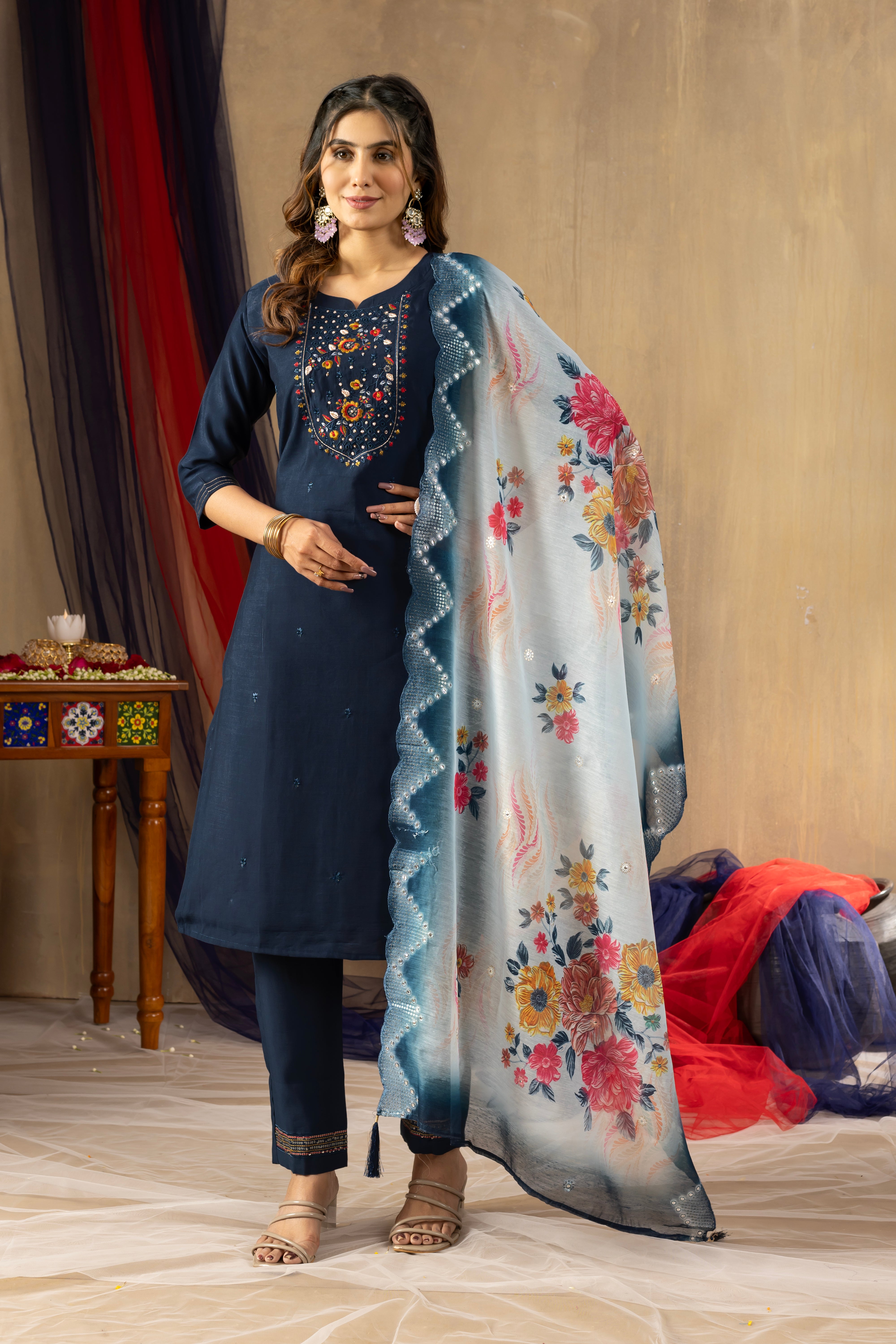 Viscose Mango Silk Embroidered Straight Kurti Set – Navy Blue
