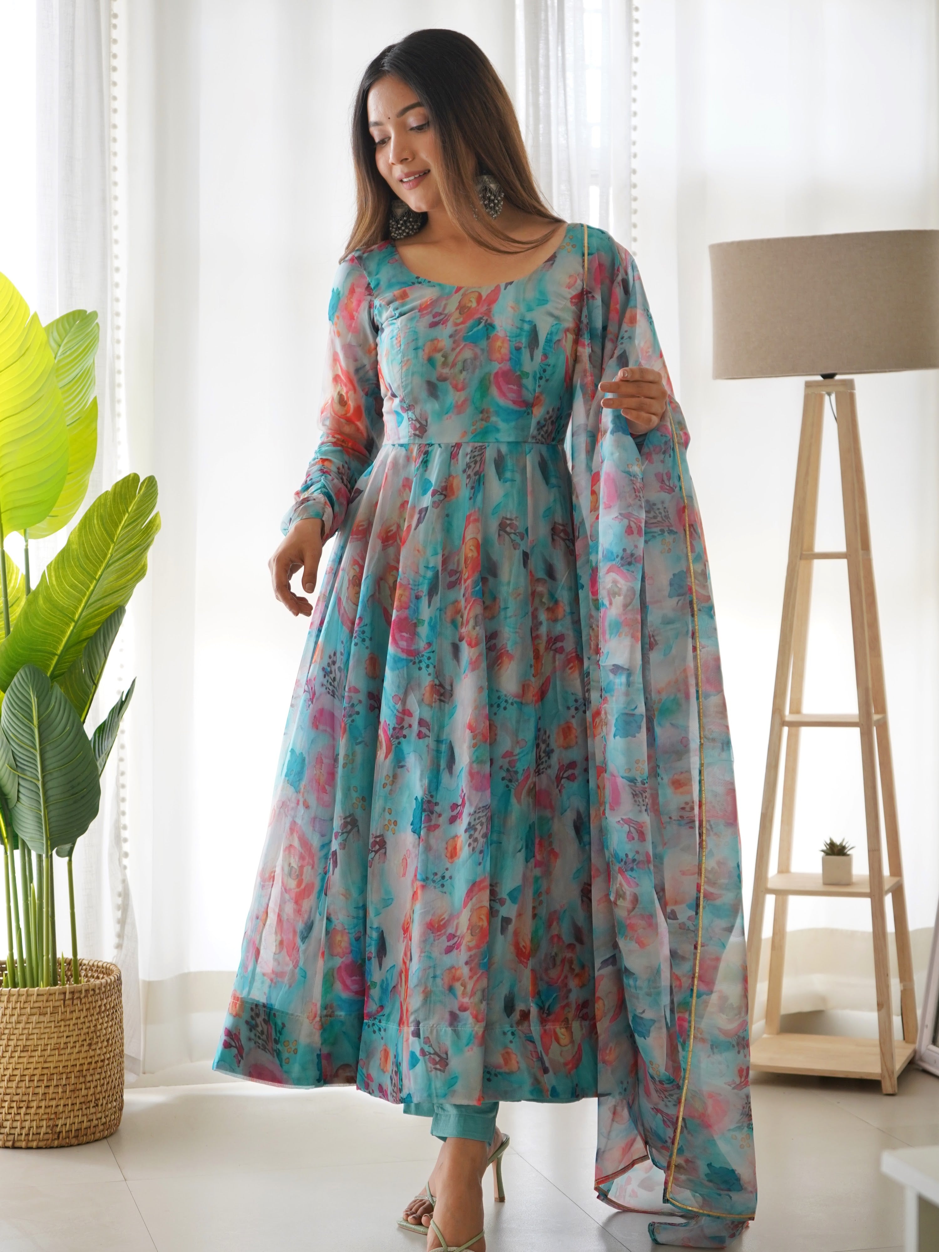 Organza Silk Printed Anarkali Set – Sky Floral
