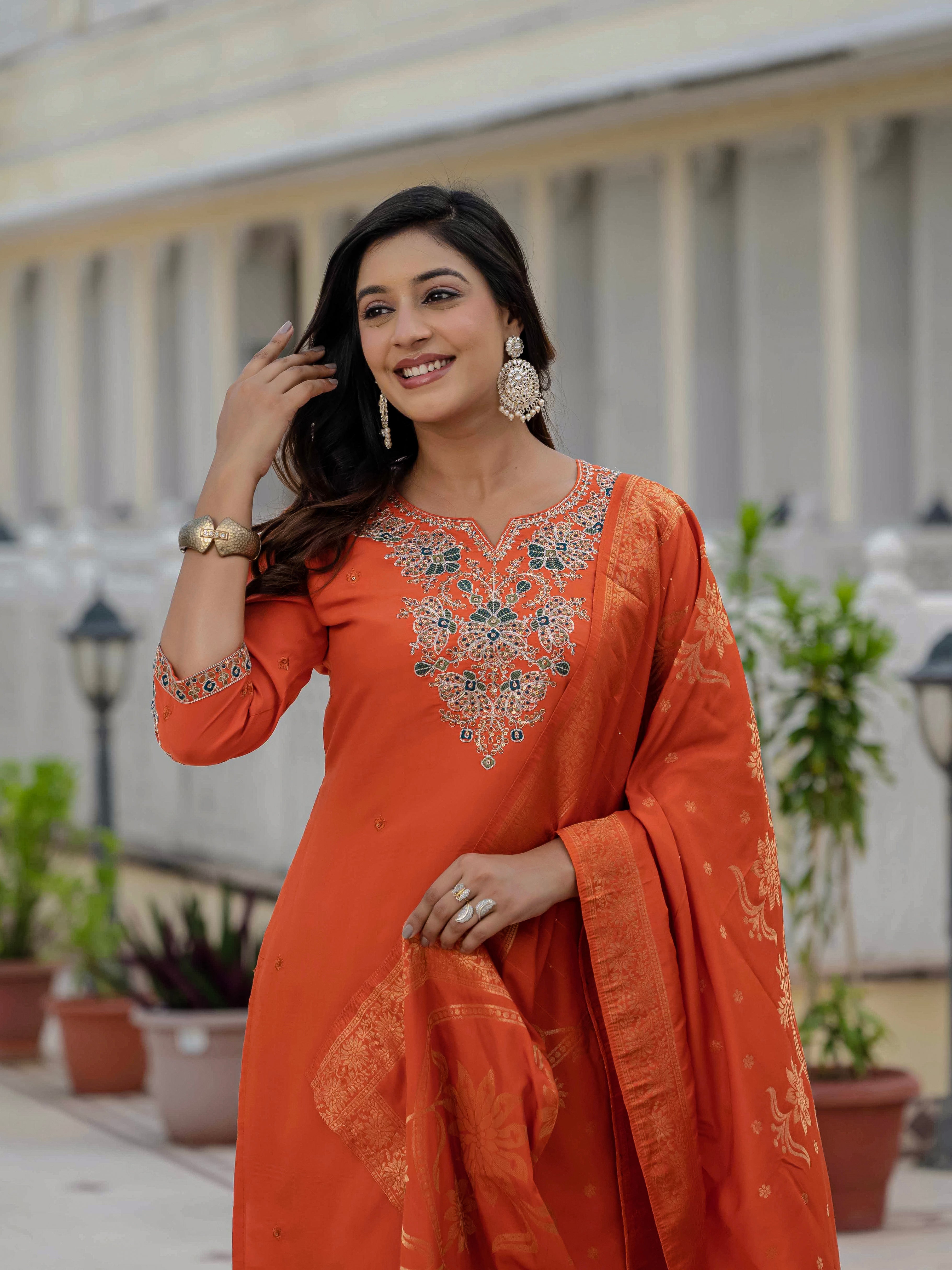 Premium Roman Silk Embroidered Straight Kurti Set – Orange