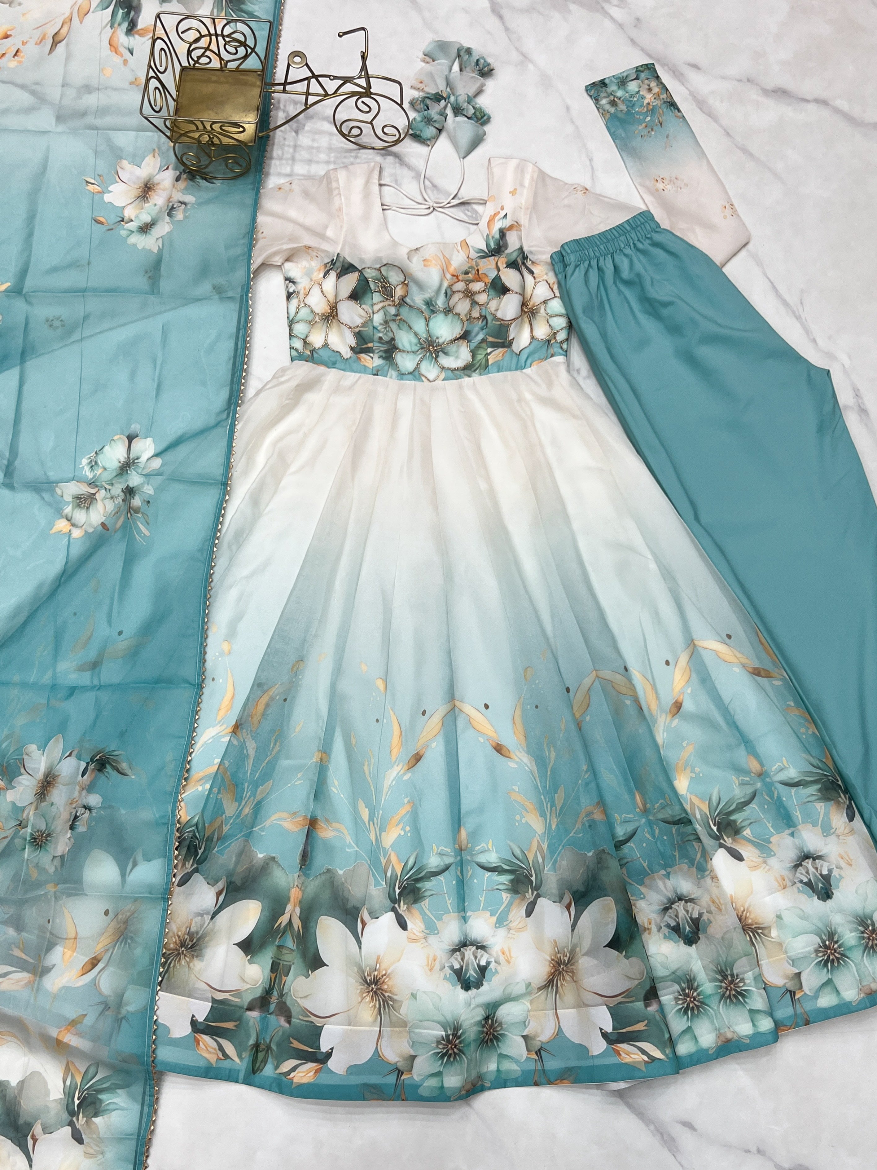 Organza Silk Printed Anarkali Set – Aqua Blue