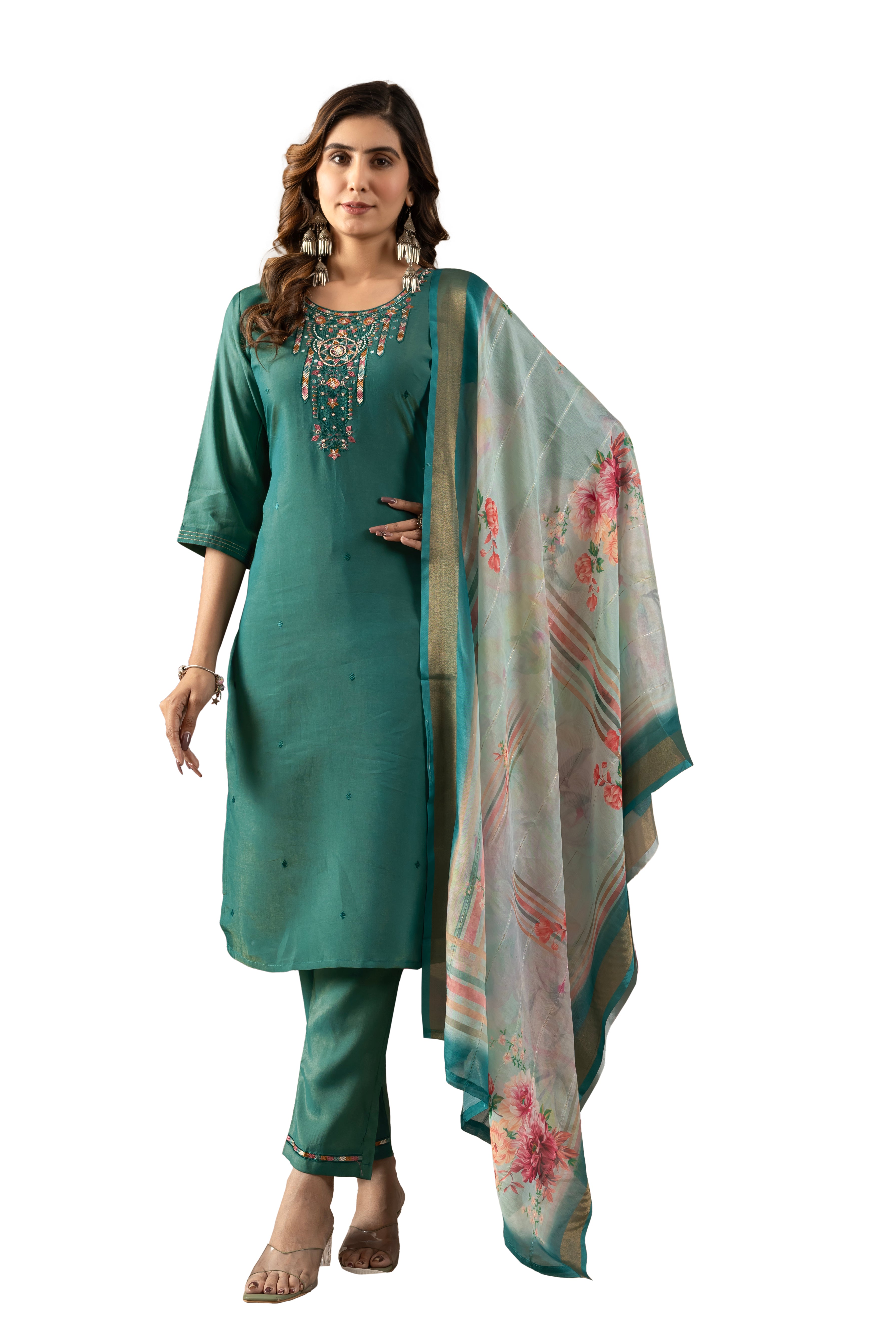 Shimmer Gold Silk Embroidered Straight Kurti Set – Rama Green