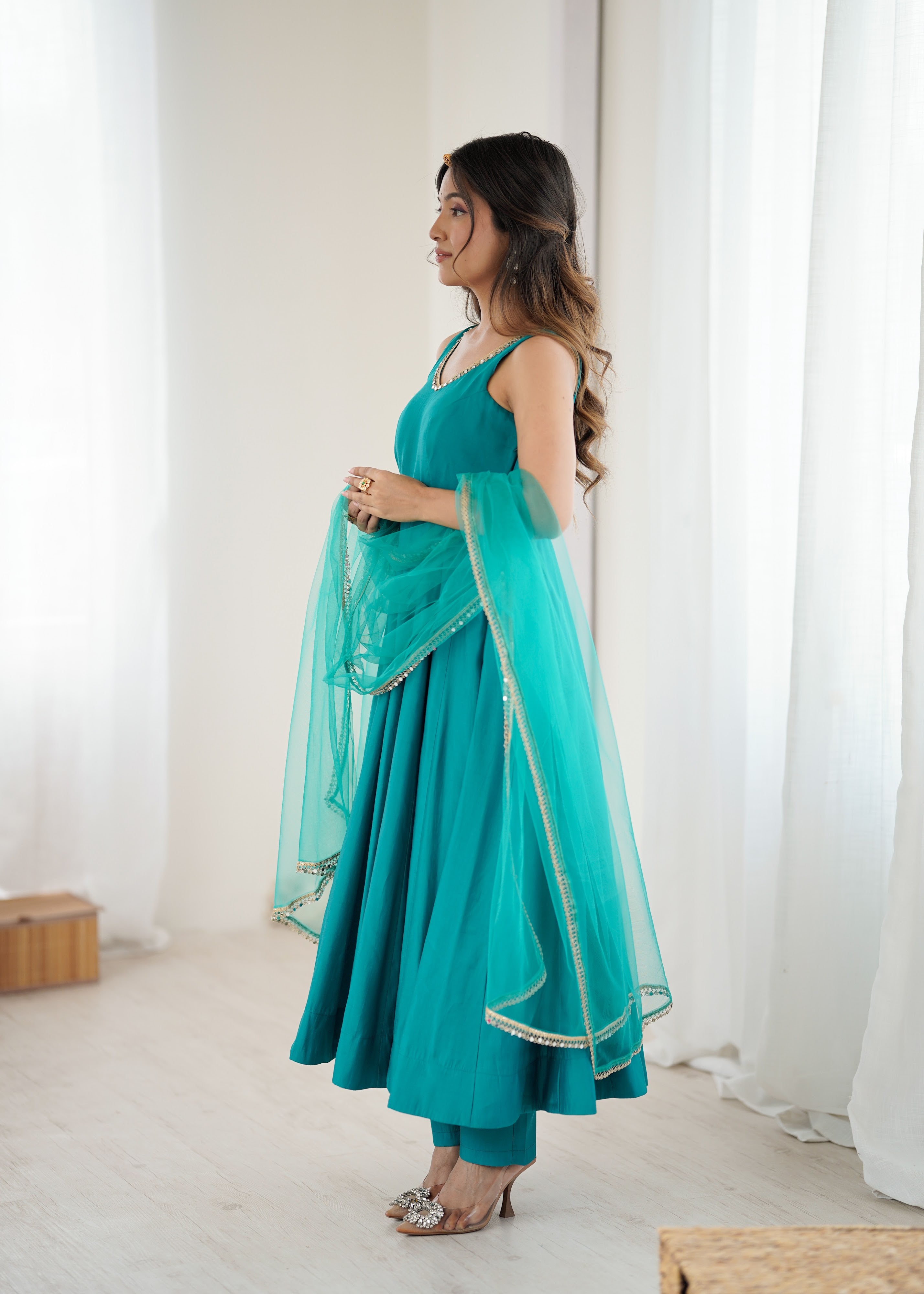 Roman Chanderi Silk Embroidered Anarkali Set – Blue