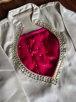 Roman Glass Silk Embroidered Kurti + Blouse + Palazzo Set – Ivory & Rani Pink