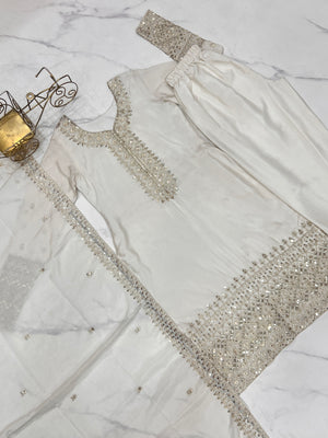 Chinon Silk Embroidered Straight Kurta Set – Ivory