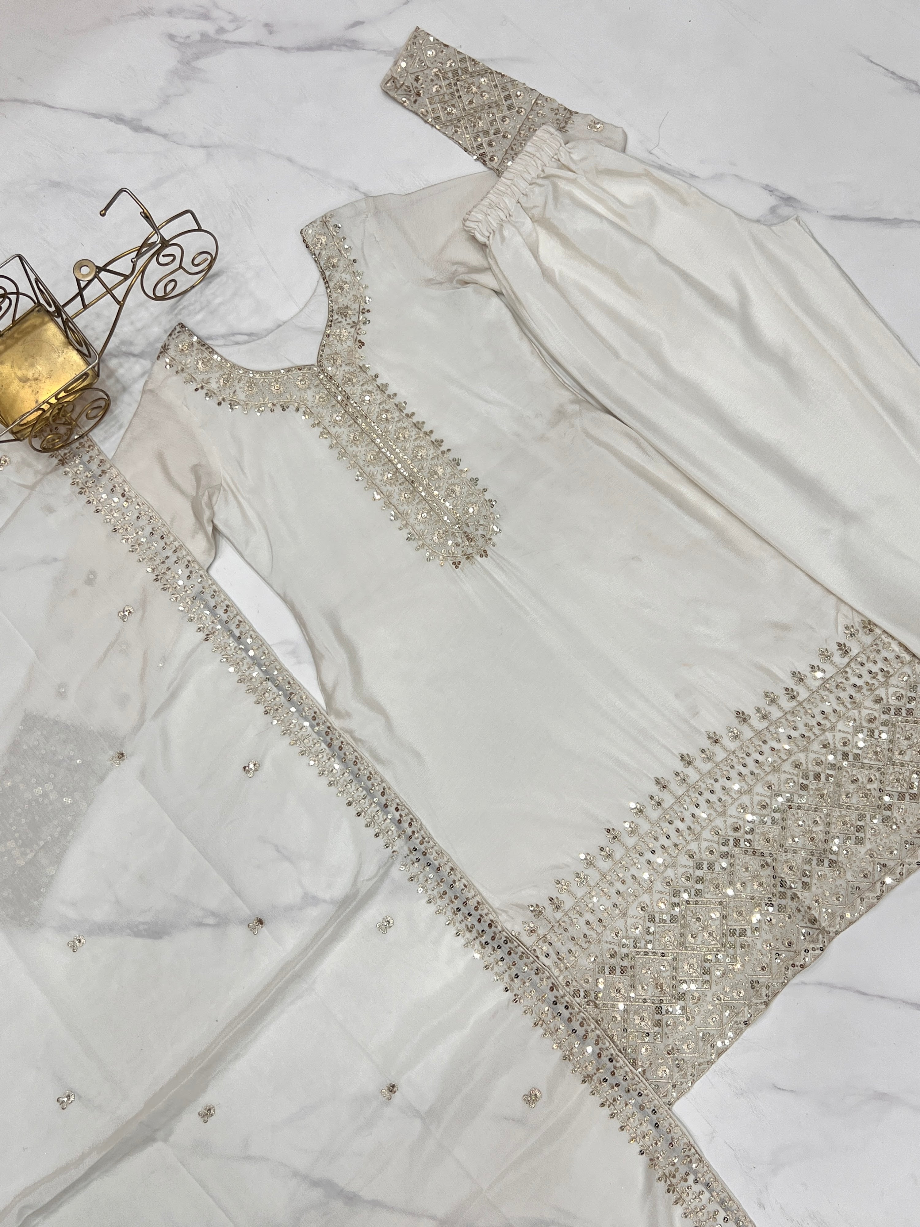 Chinon Silk Embroidered Straight Kurta Set – Ivory