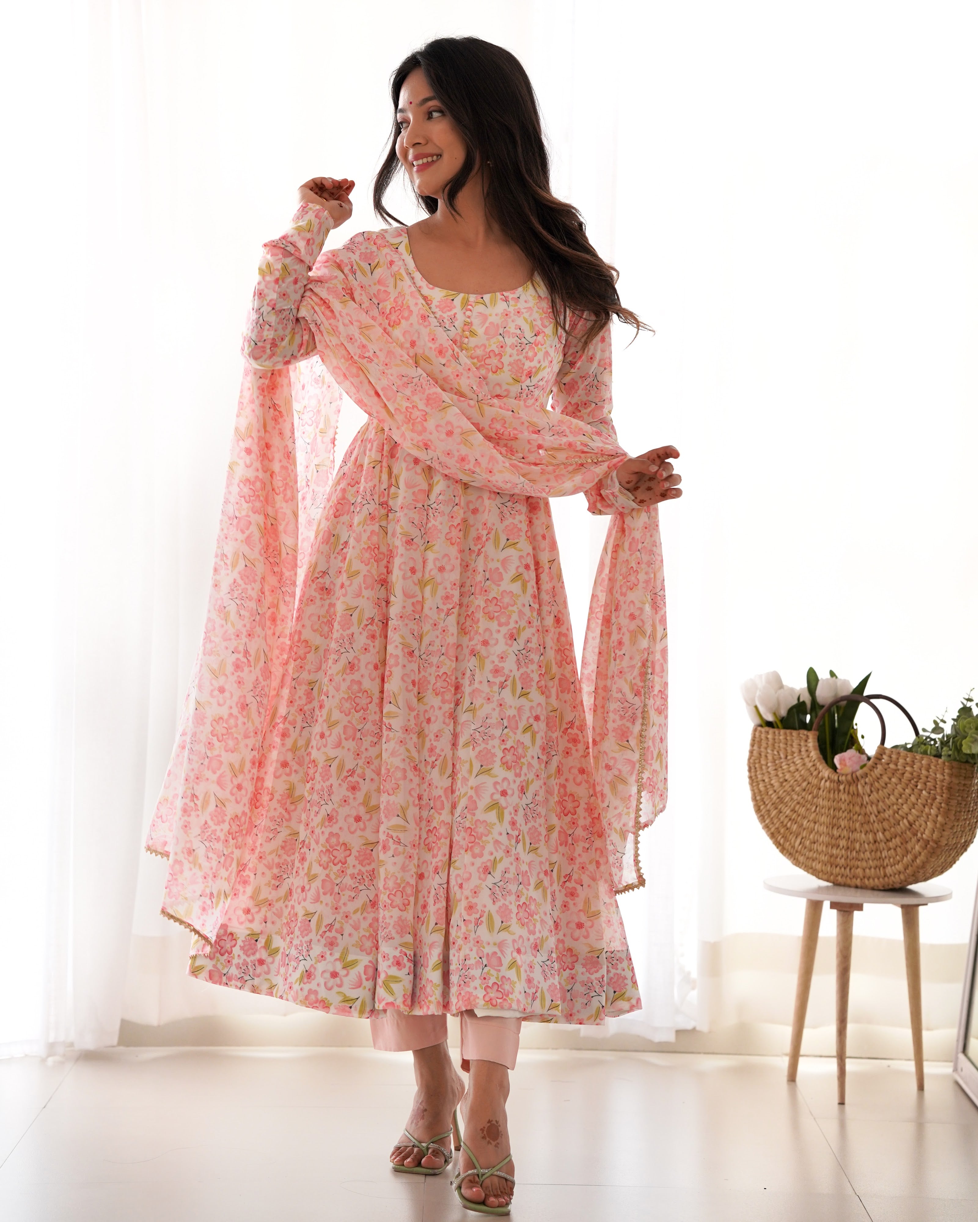Heavy Orange Chiffon Floral Print Printed Anarkali Set – Pink Floral