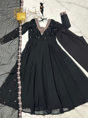 Georgette Embroidered Anarkali Set – Black