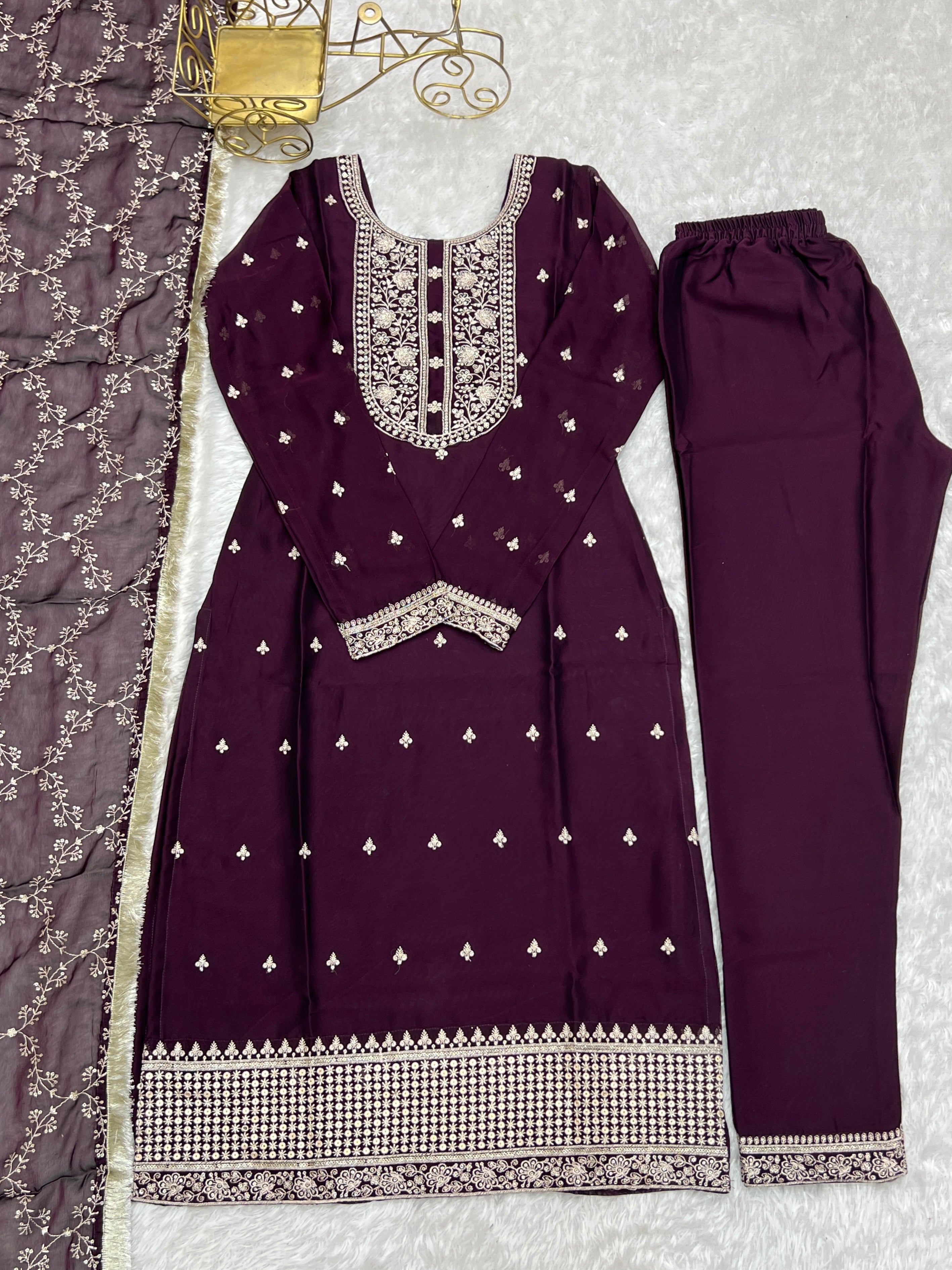 Rangoli Silk Embroidered Straight Kurta Set – Wine