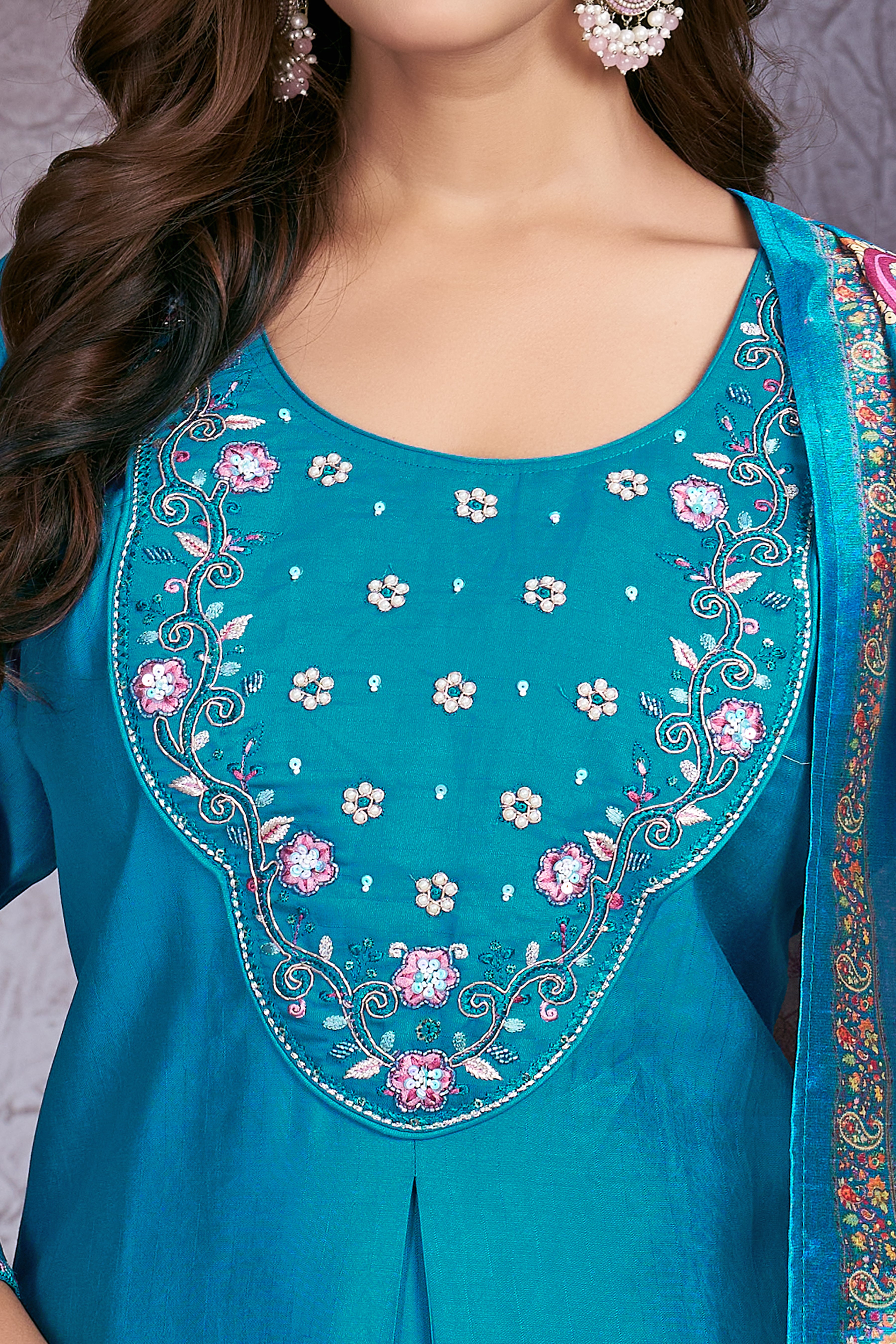 Premium Marina Silk Embroidered Straight Kurti Set – Firozi