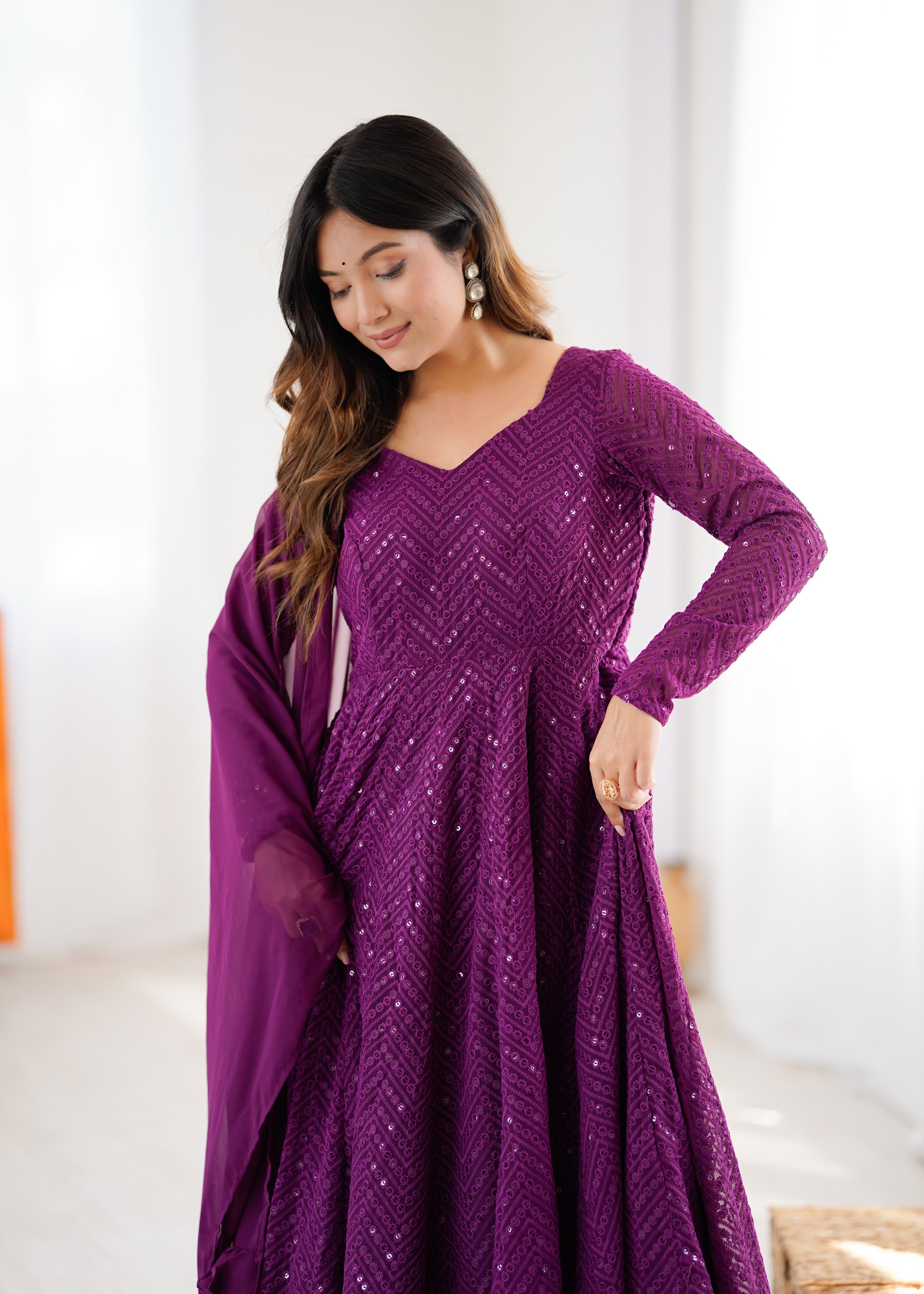Georgette Embroidered Anarkali Set – Wine