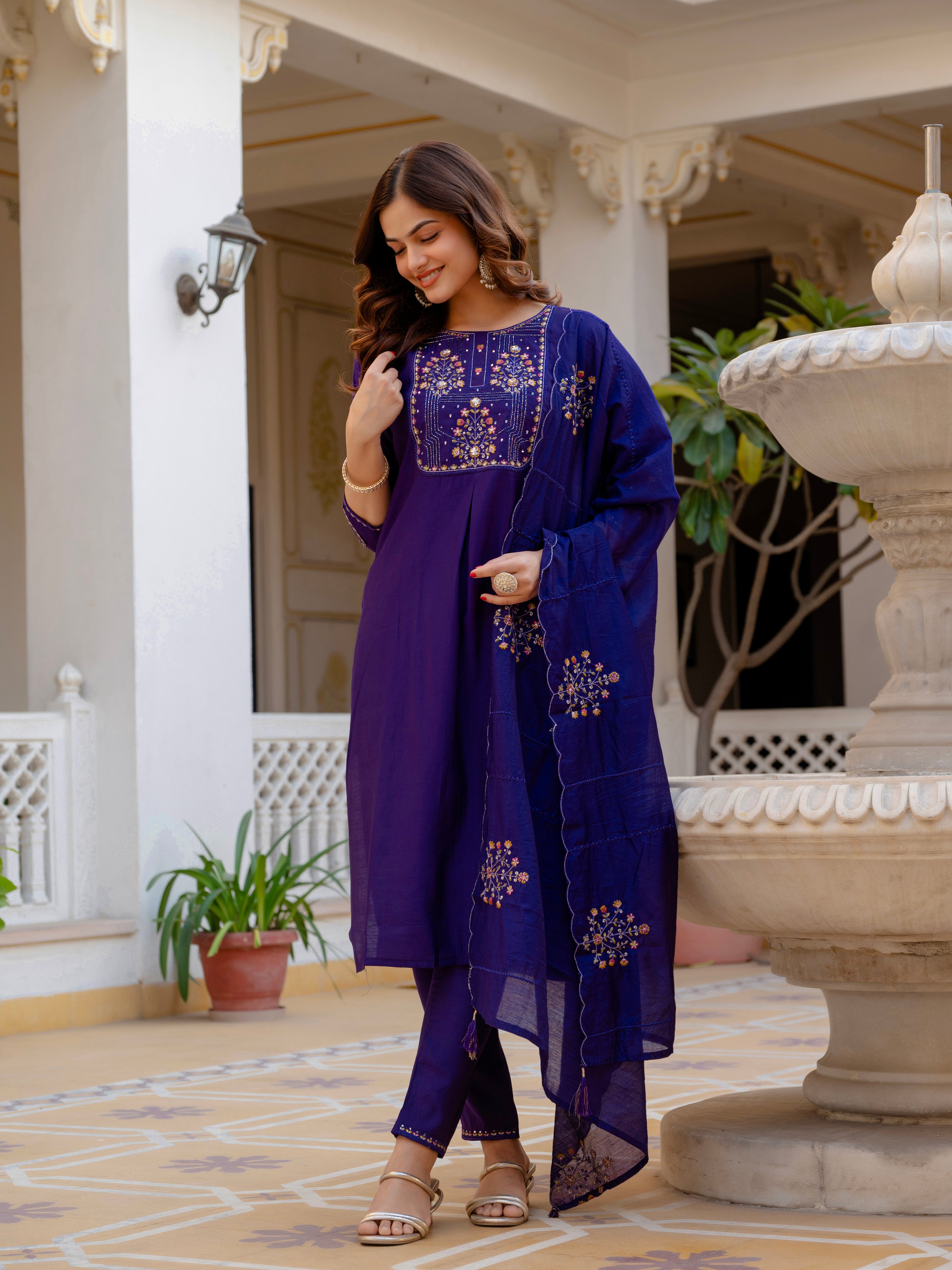 Pure Viscose Mango Silk Embroidered Straight Kurti Set – Violet