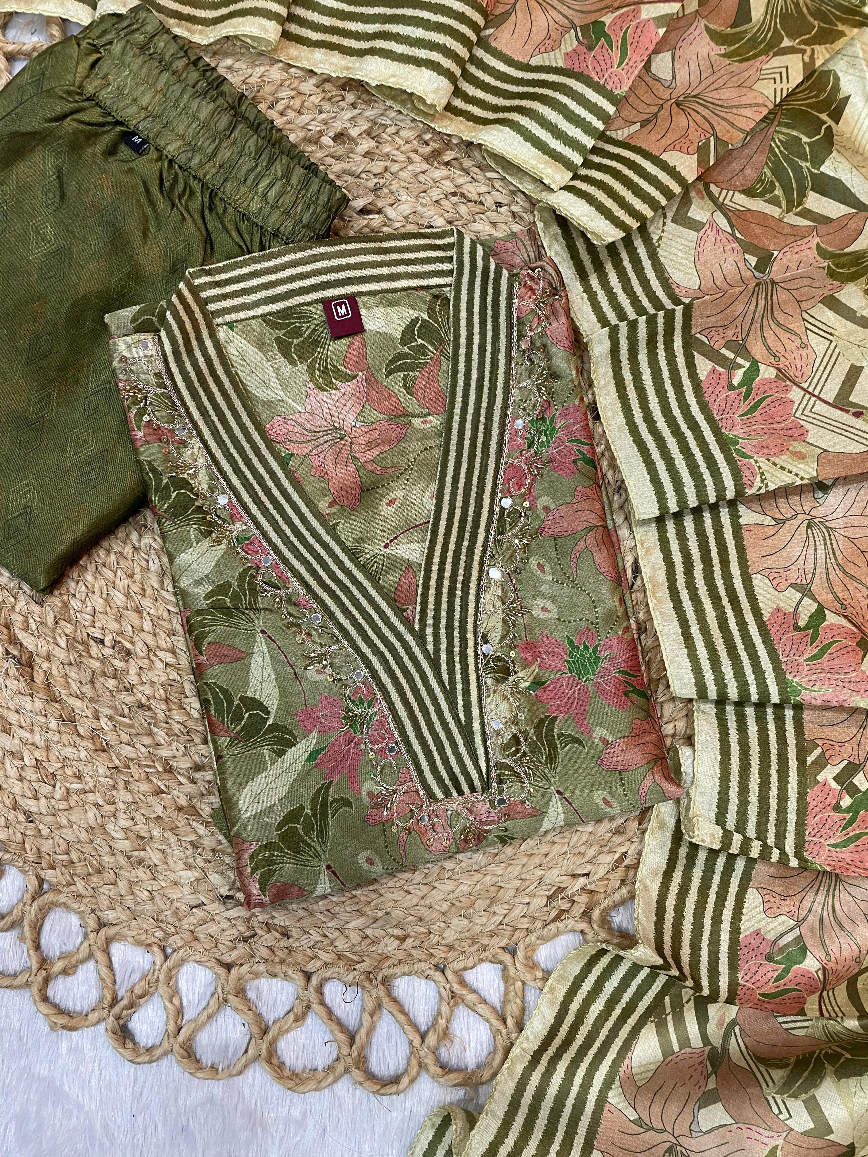 Zarna Silk Embroidered Straight Kurti Set – Mehndi Green