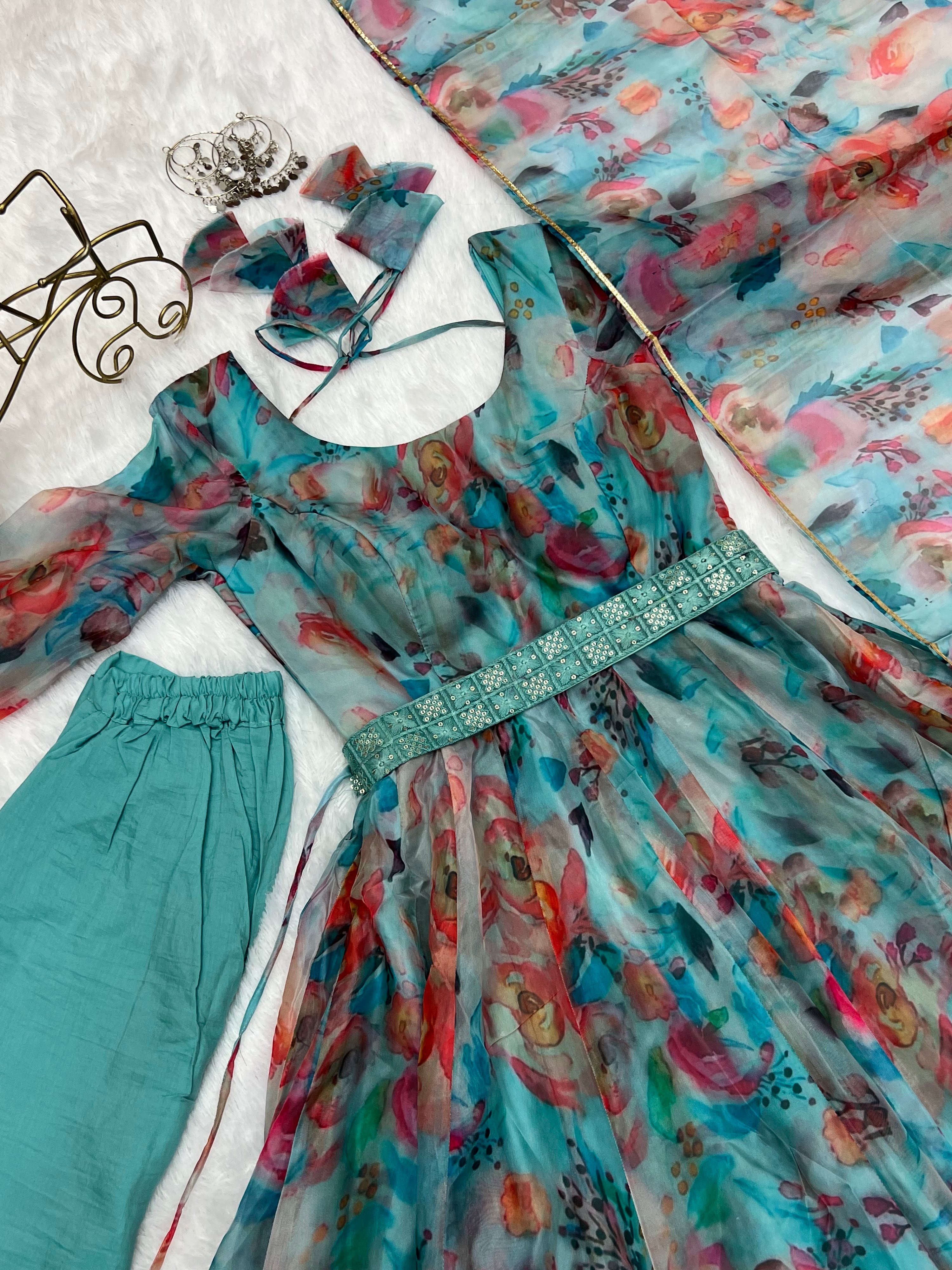 Organza Silk Printed Anarkali Set – Sky Floral
