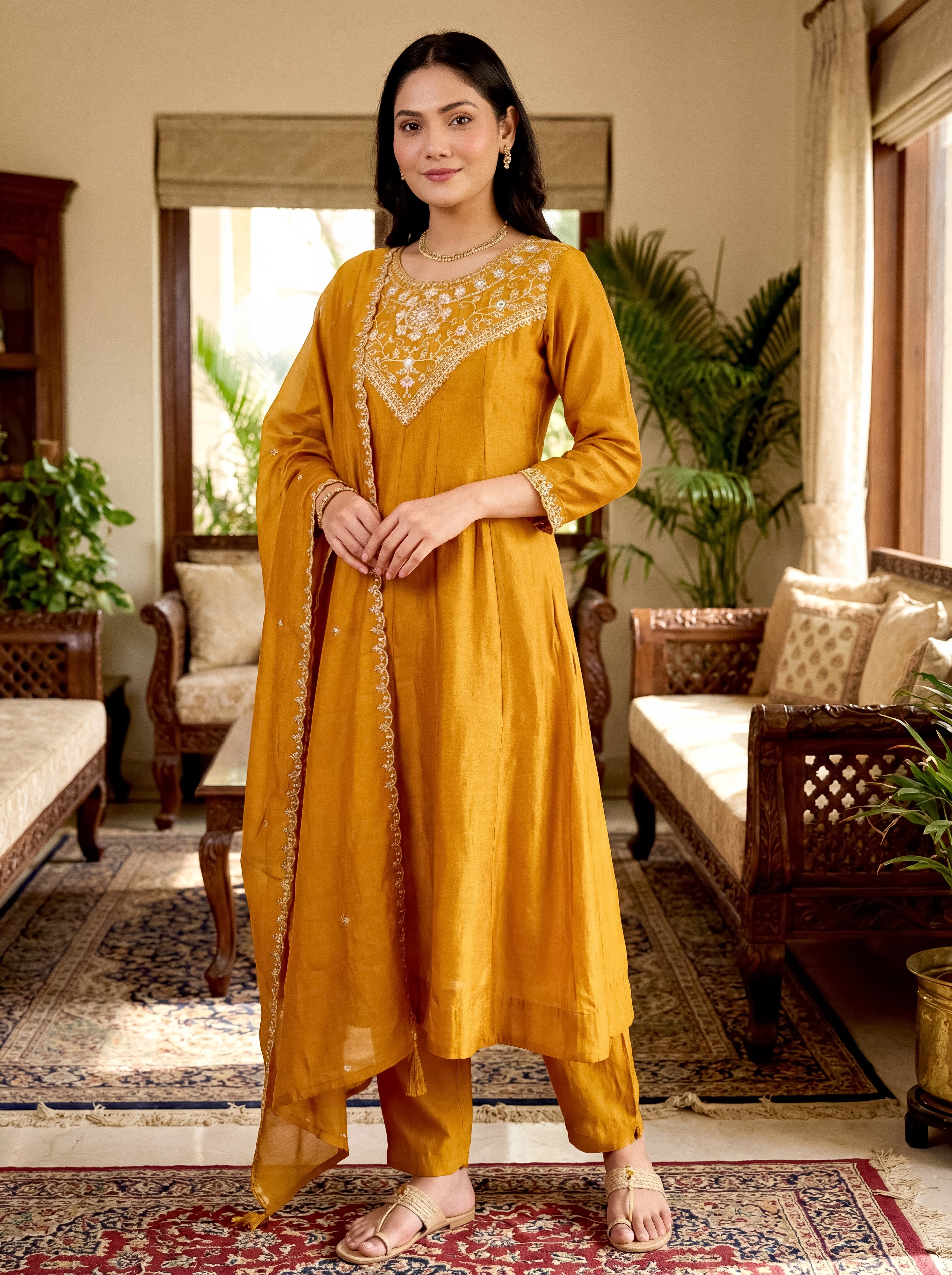 Vichitra Silk Embroidered Kurta Pant Dupatta Set – Gold