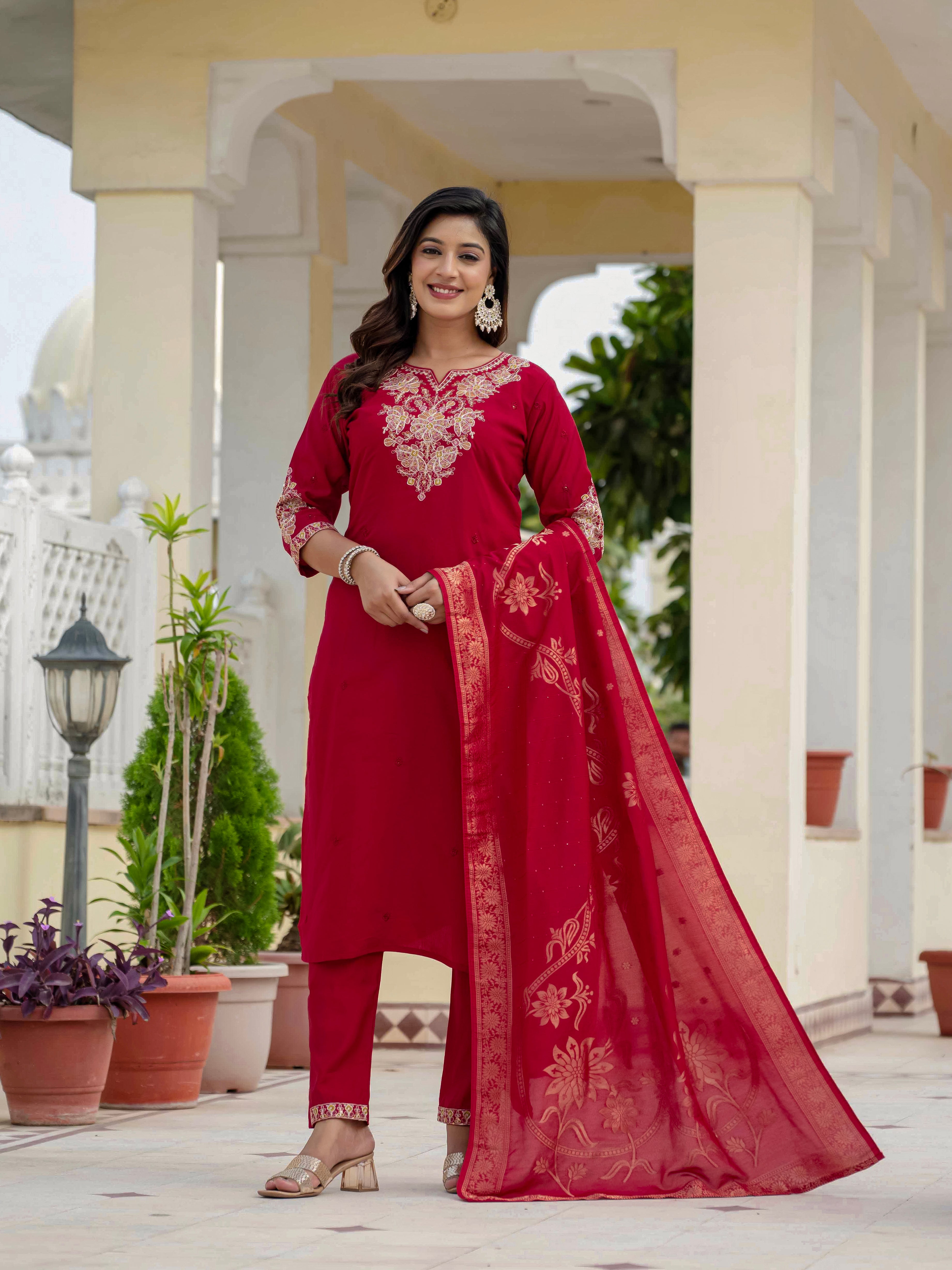 Premium Roman Silk Embroidered Straight Kurti Set – Maroon
