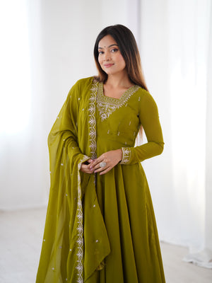 Georgette Embroidered Anarkali Set – Mehndi Green