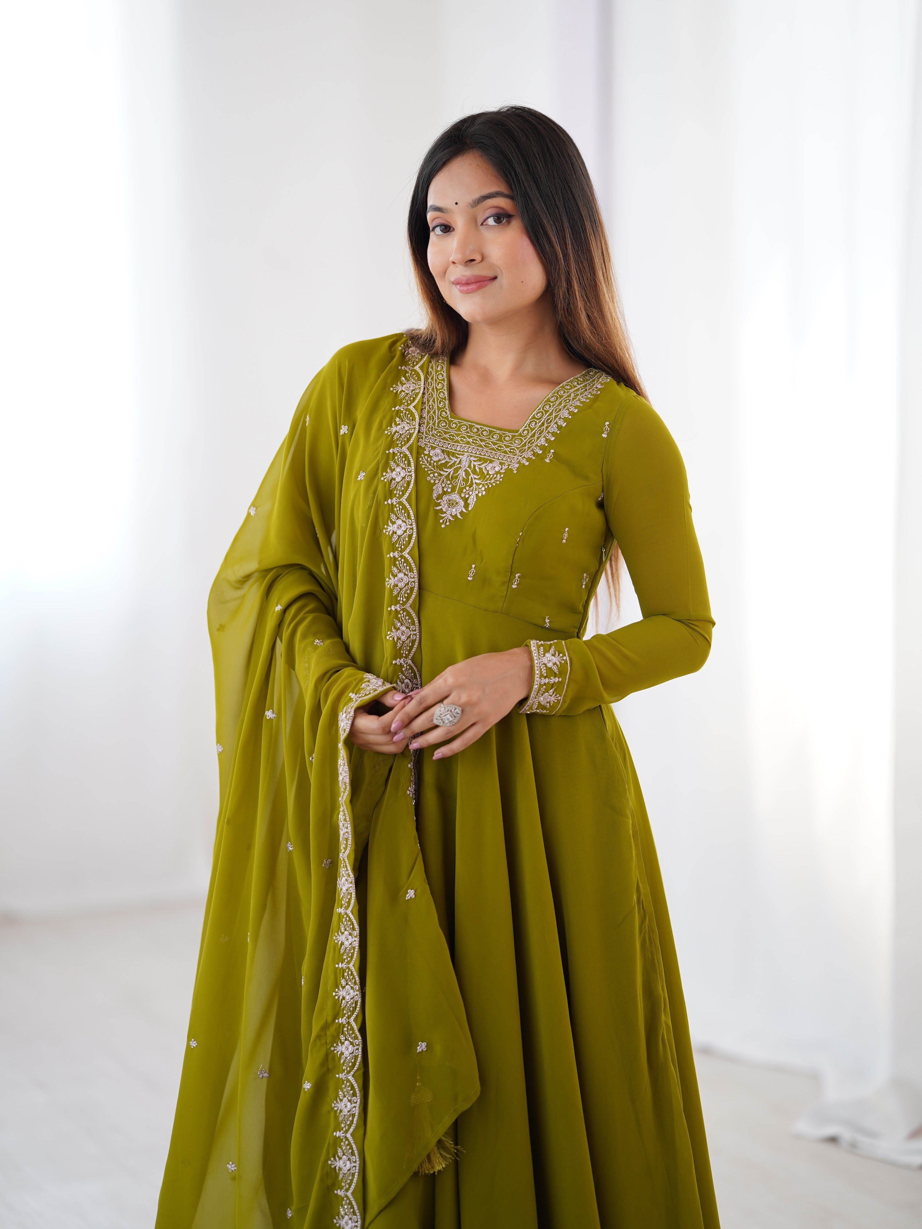 Georgette Embroidered Anarkali Set – Mehndi Green