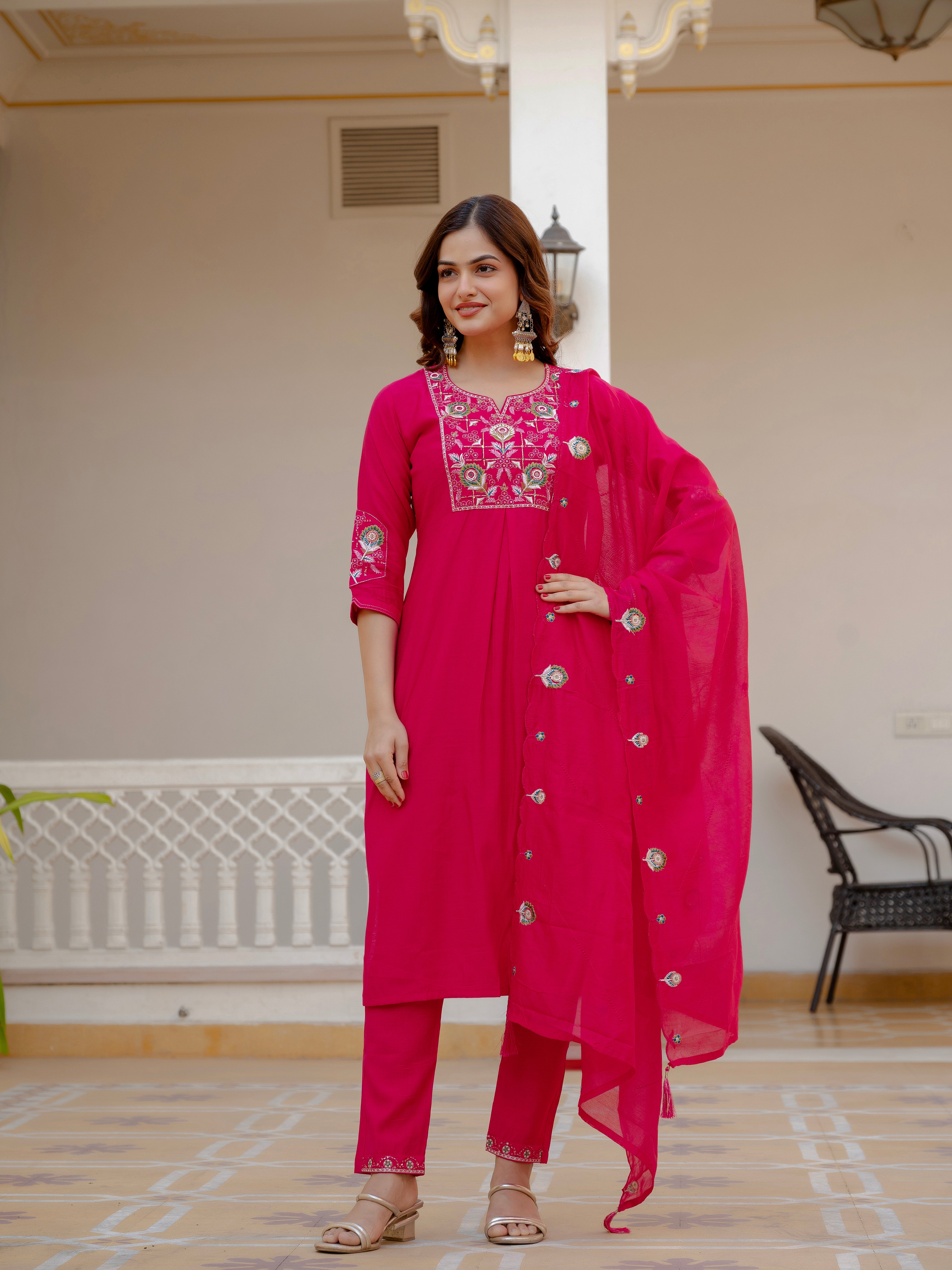 Pure Viscose Mango Silk Embroidered Straight Kurti Set – Pink