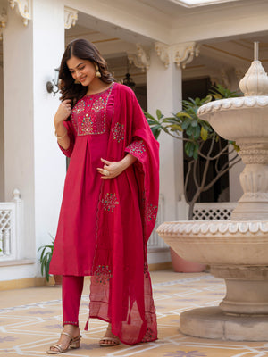 Pure Viscose Mango Silk Embroidered Straight Kurti Set – Pink