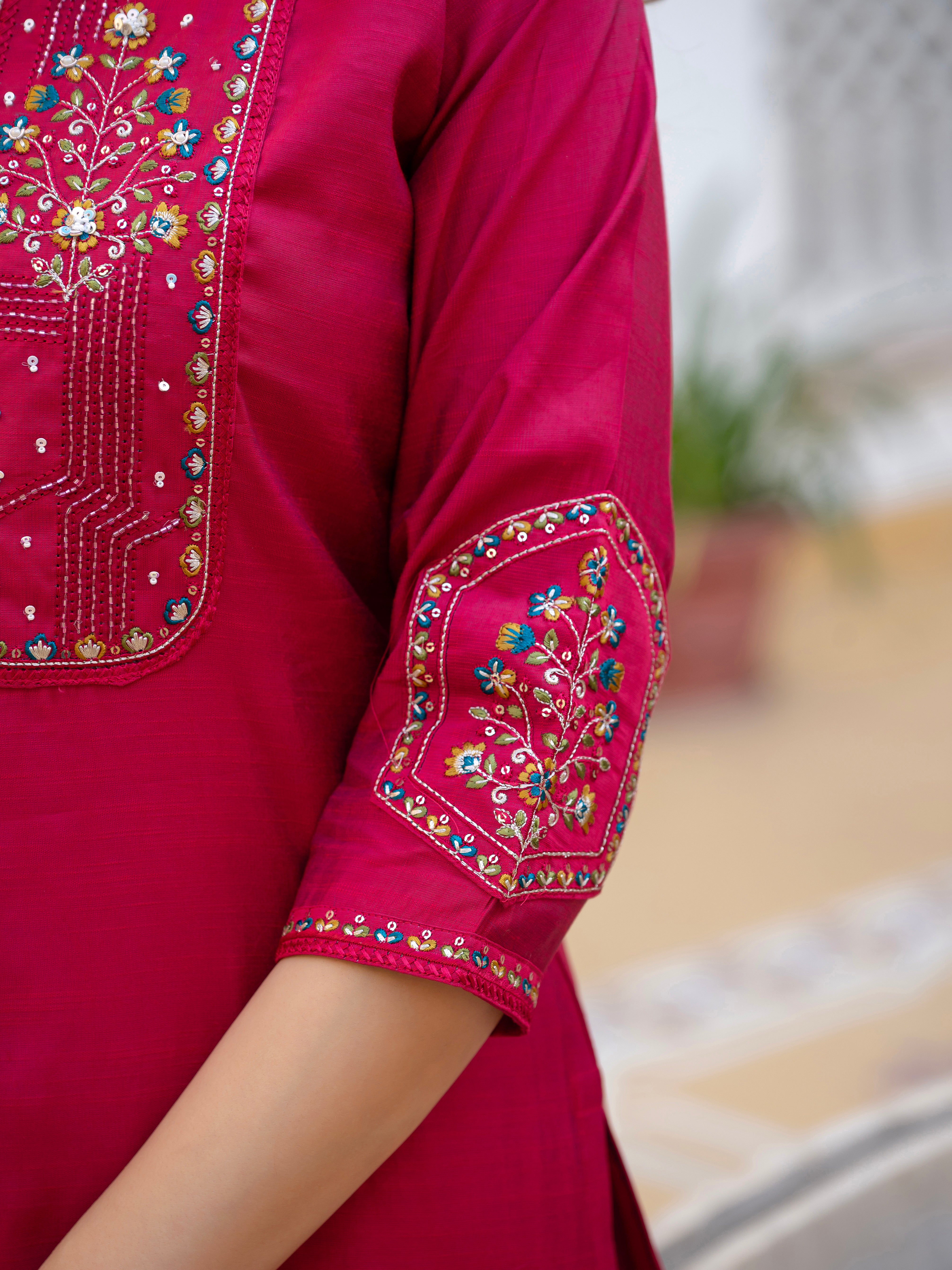 Pure Viscose Mango Silk Embroidered Straight Kurti Set – Pink