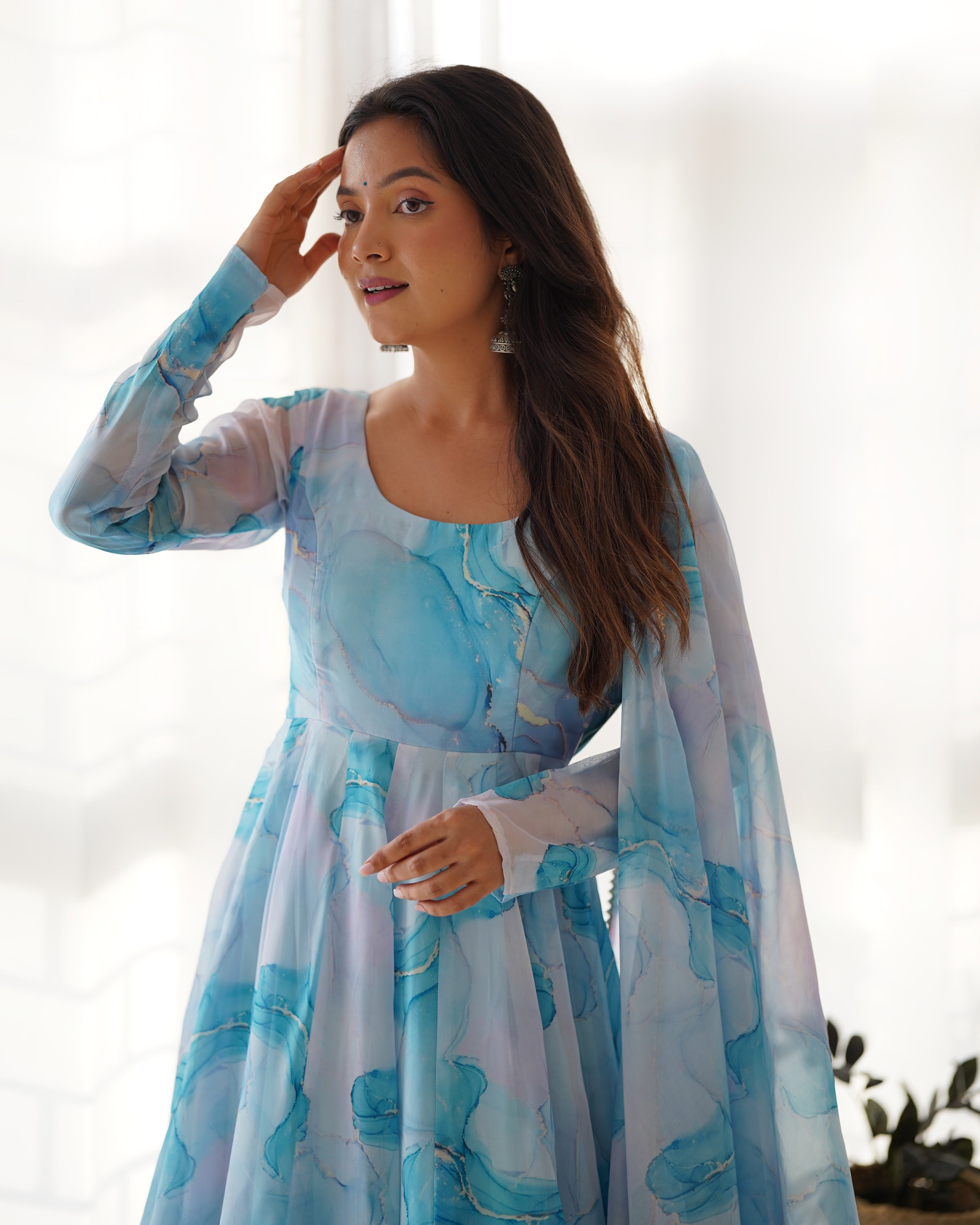 Organza Silk Printed Anarkali Set – Sky Blue