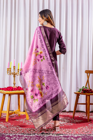 Viscose Silk Embroidered Straight Kurti Set – Wine