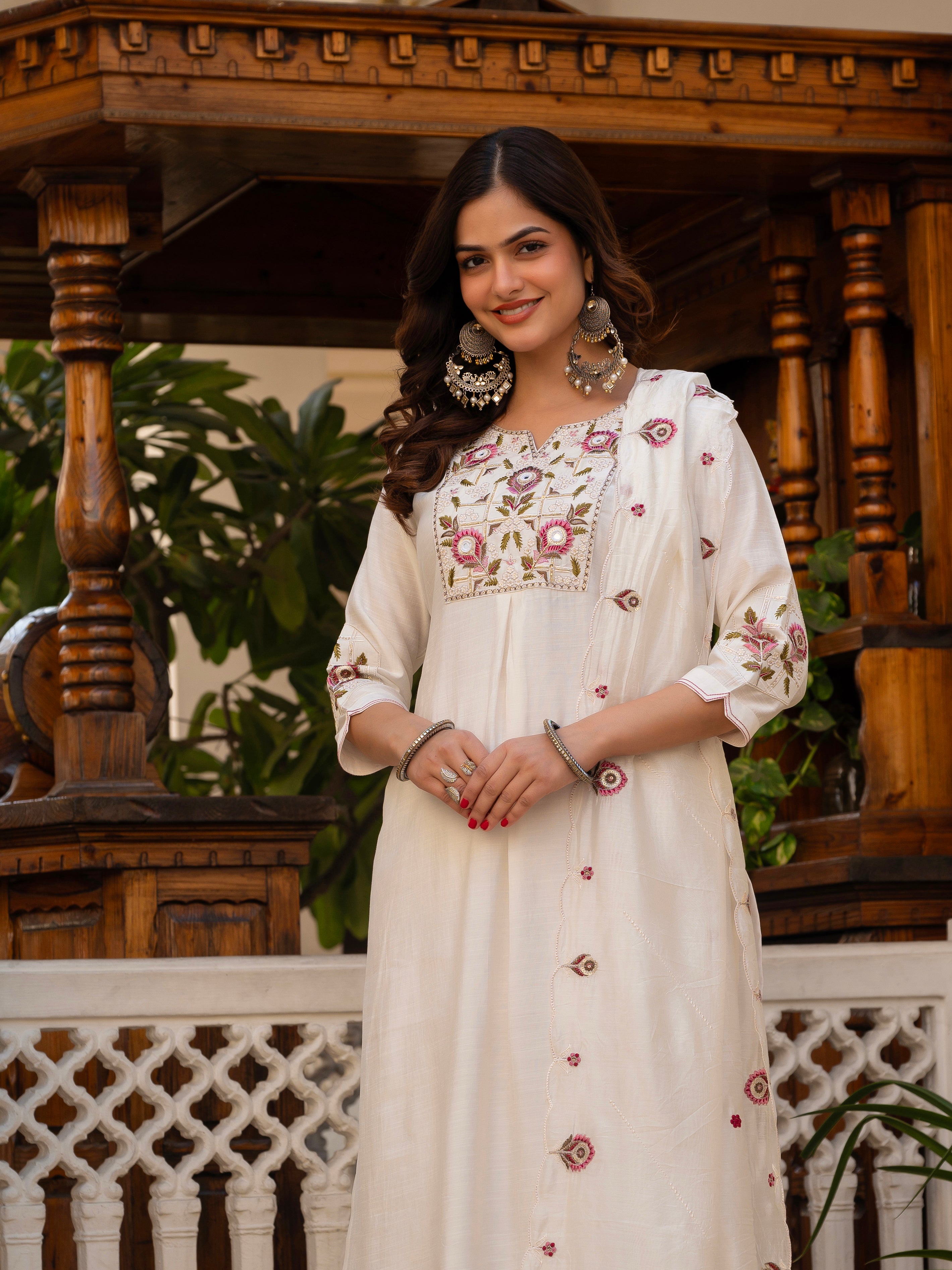 Pure Viscose Mango Silk Embroidered Straight Kurti Set – White