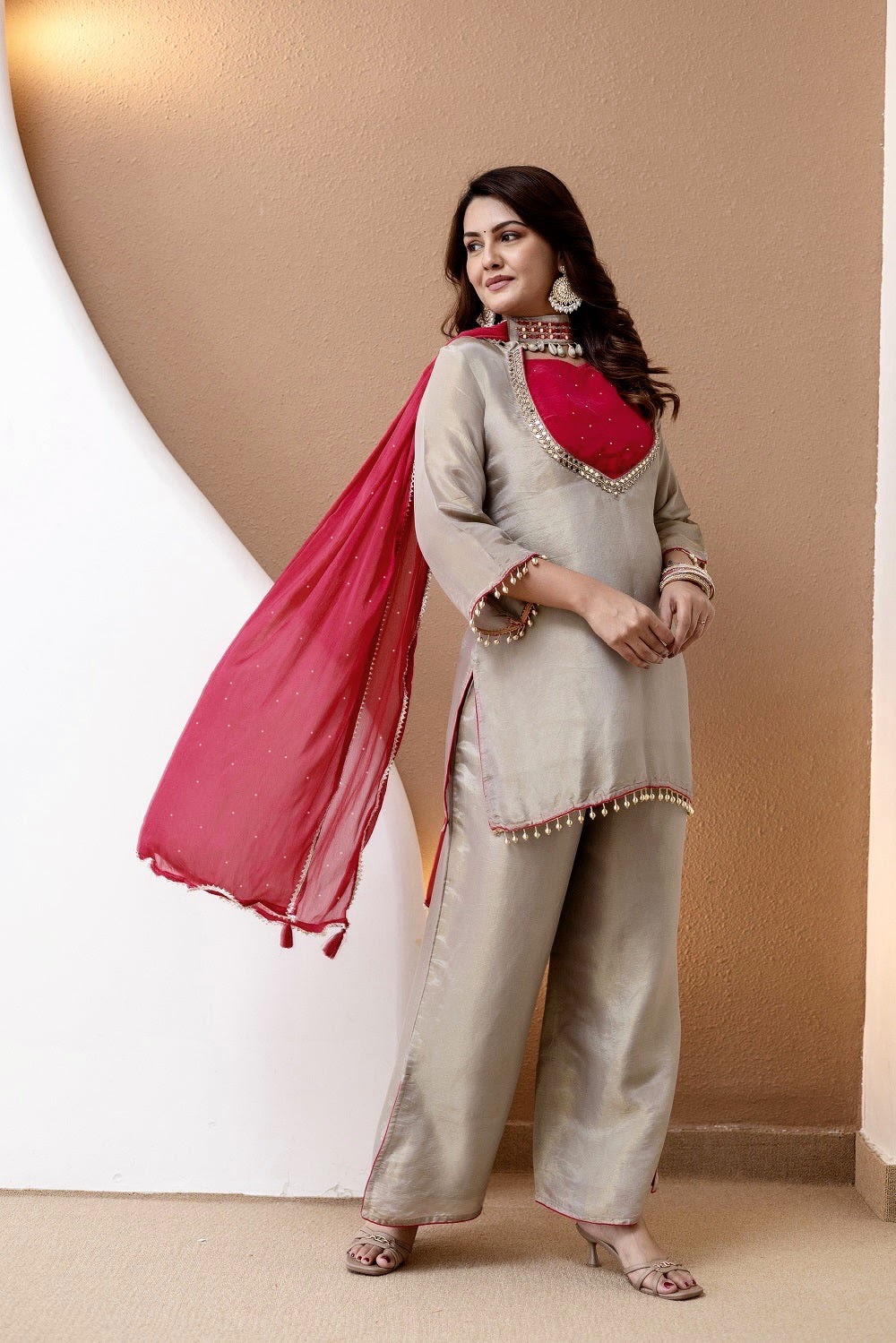 Roman Glass Silk Embroidered Kurti + Blouse + Palazzo Set – Ivory & Rani Pink