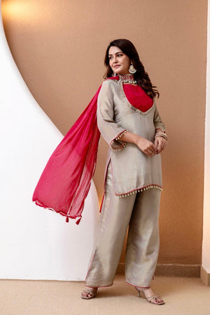 Roman Glass Silk Embroidered Kurti + Blouse + Palazzo Set – Ivory & Rani Pink