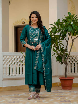 Viscose Roman Silk Embroidered Anarkali Kurti Set – Teal