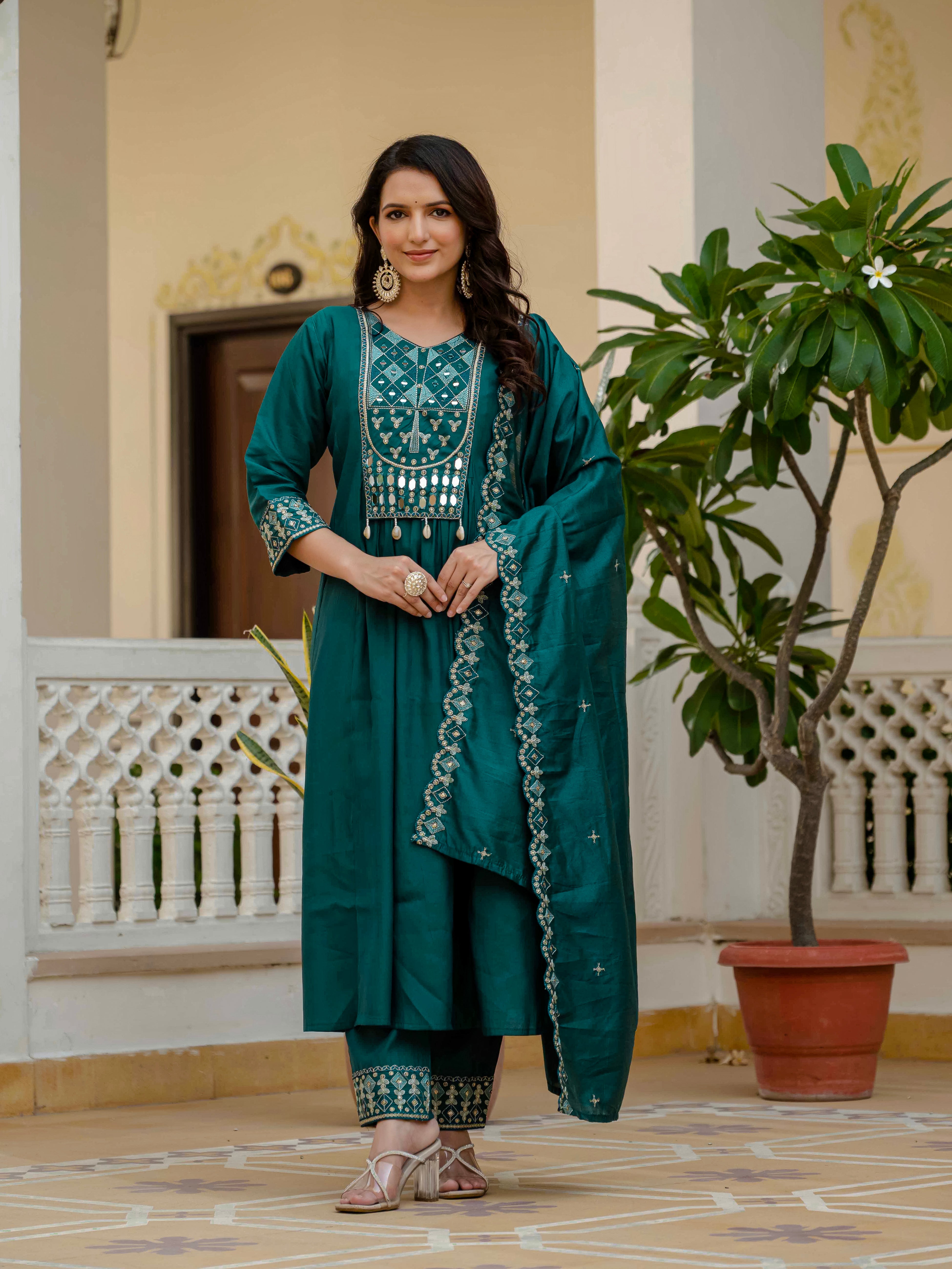 Viscose Roman Silk Embroidered Anarkali Kurti Set – Teal