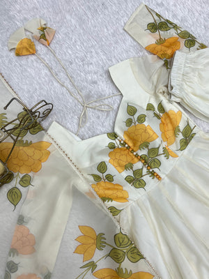 Organza Silk Printed Anarkali Set – Ivory Floral