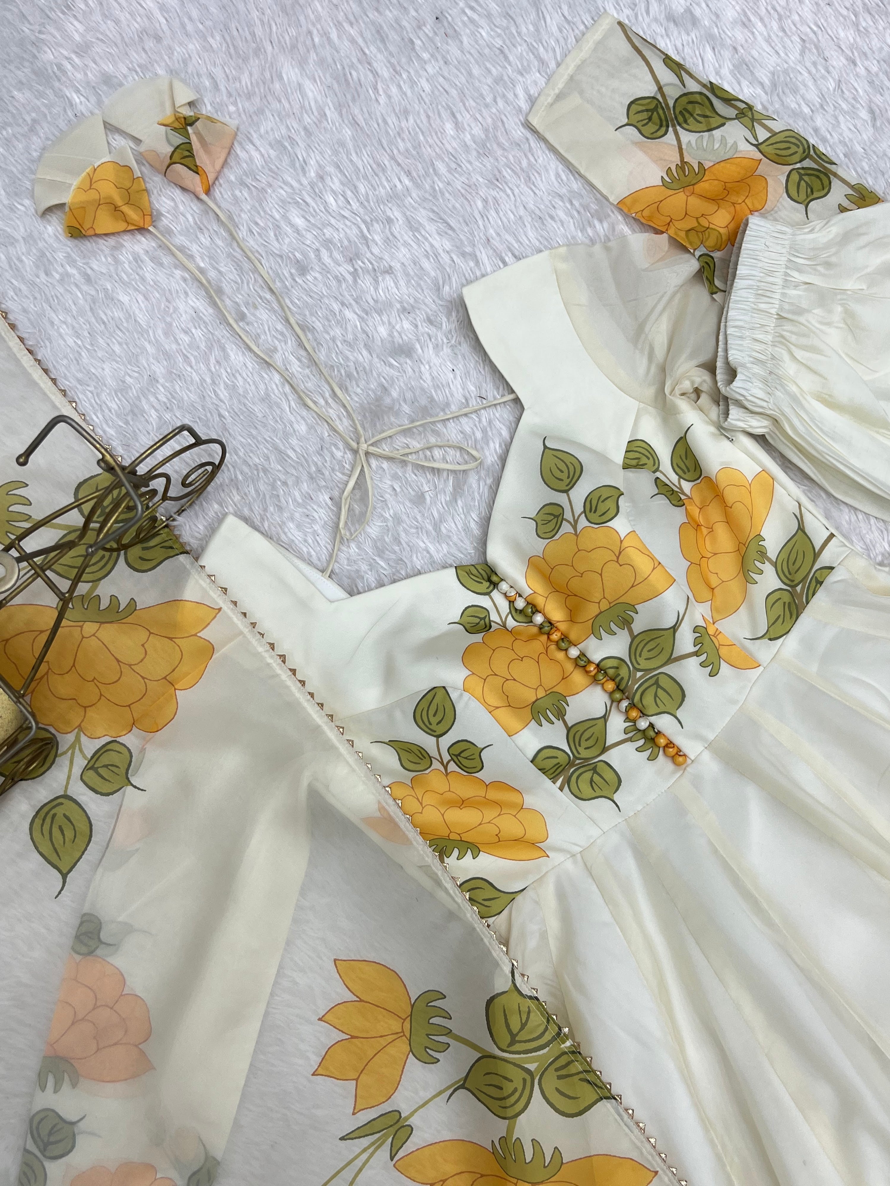 Organza Silk Printed Anarkali Set – Ivory Floral