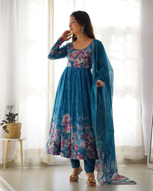 Organza Silk Printed Anarkali Set – Blue