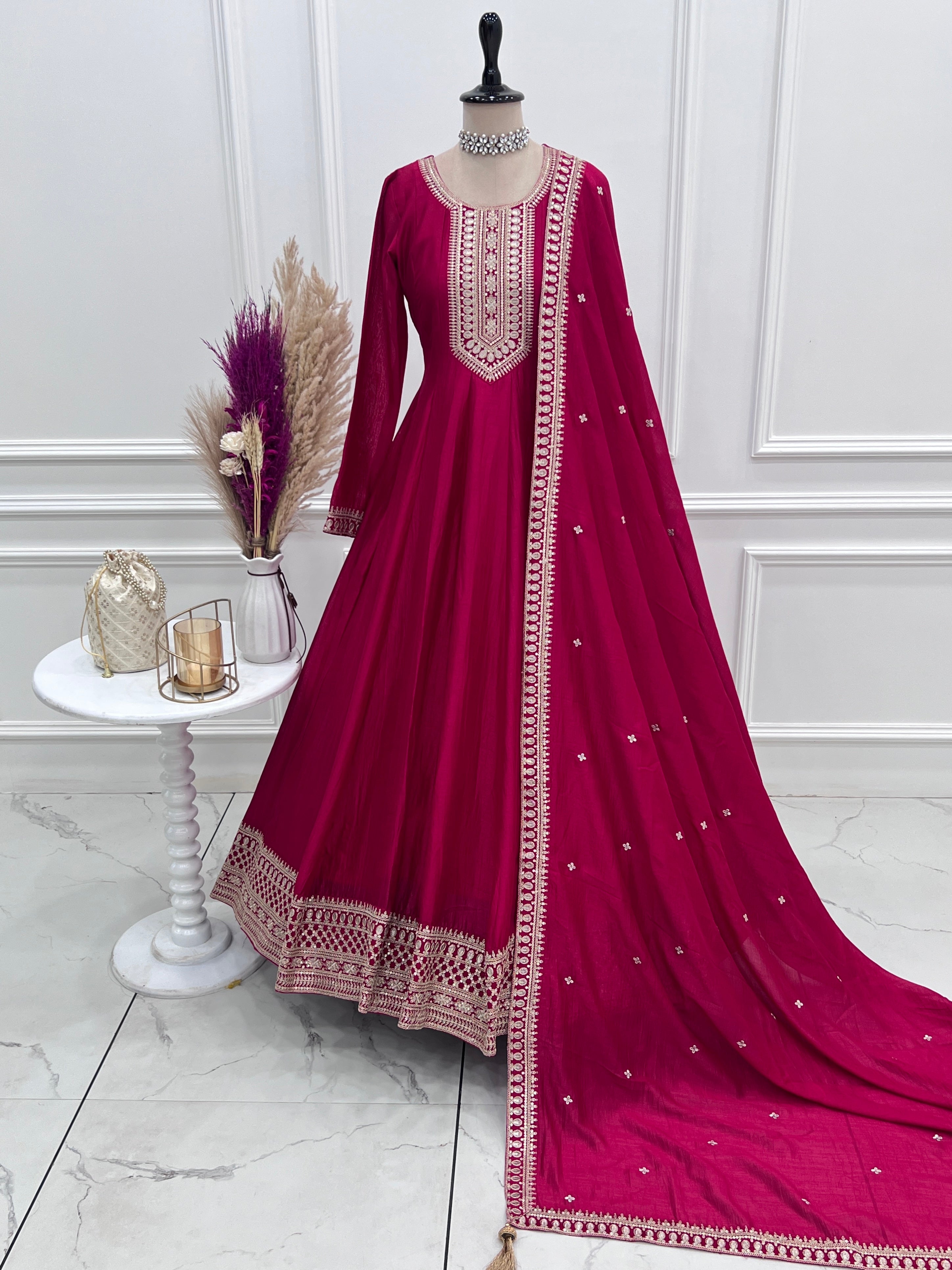 Vichitra Silk Embroidered Gown Set – Dark Pink