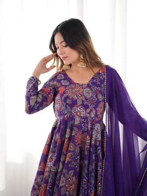 Roman Chanderi Silk Printed Kurta-Palazzo Set – Purple