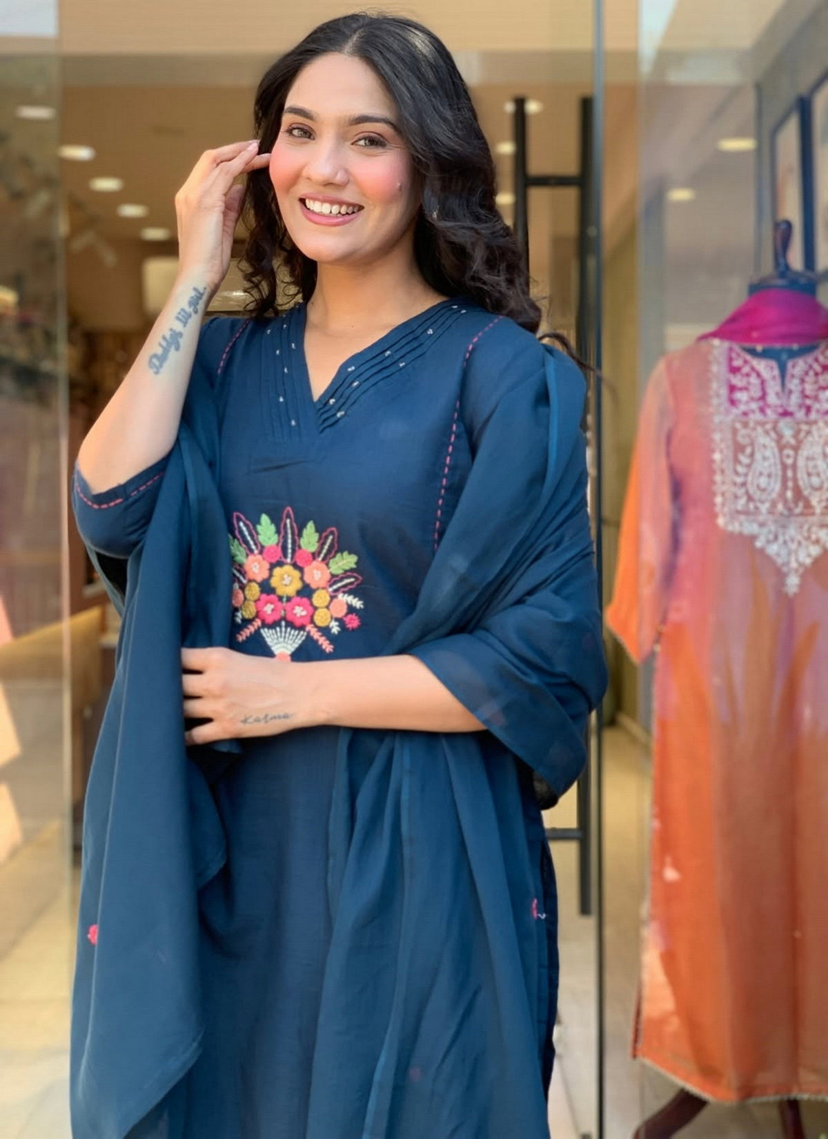 Rayon Slub Embroidered Kurta Pant Dupatta Set – Teal Blue