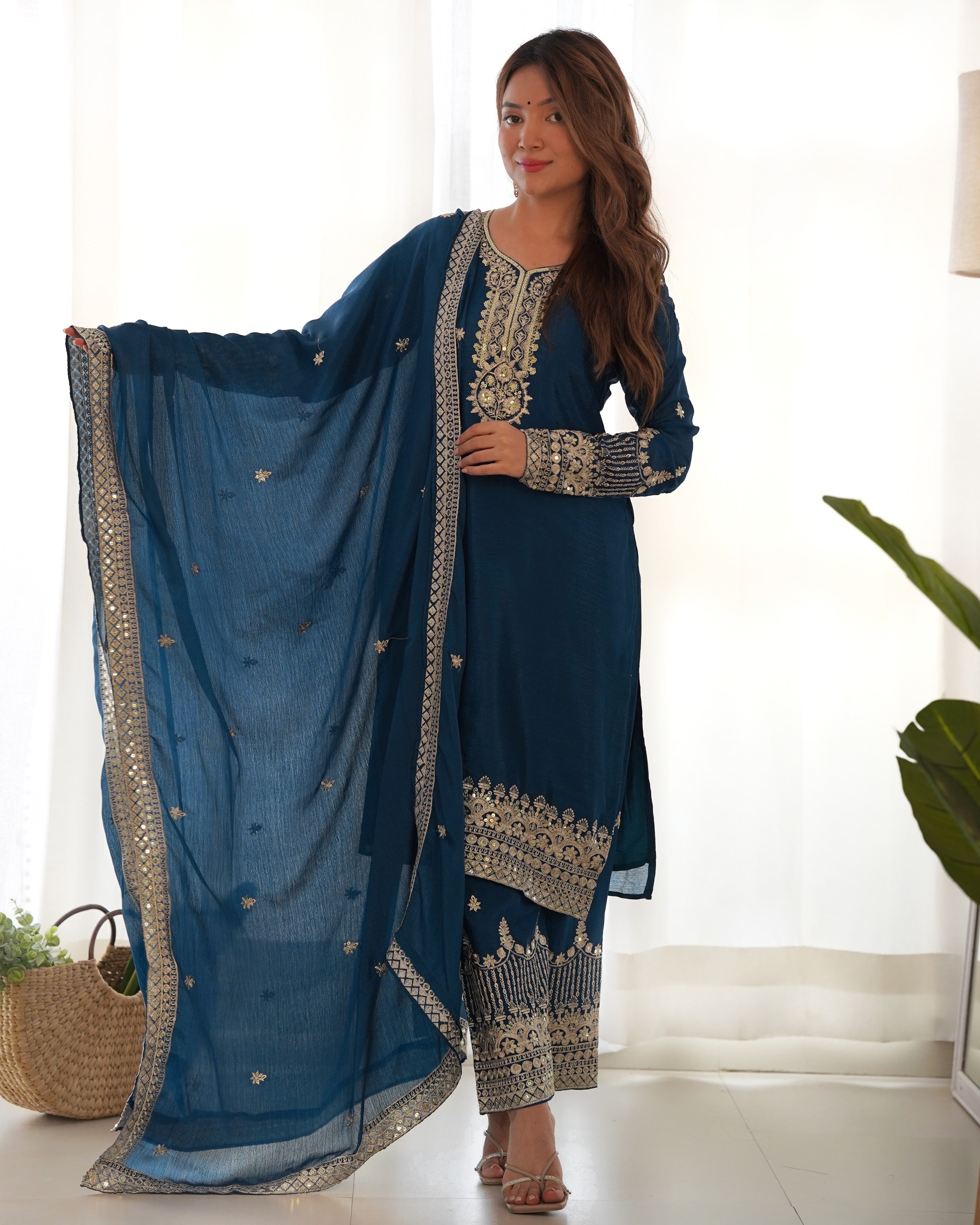 Chinon Silk Embroidered Straight Kurta Set – Navy Blue