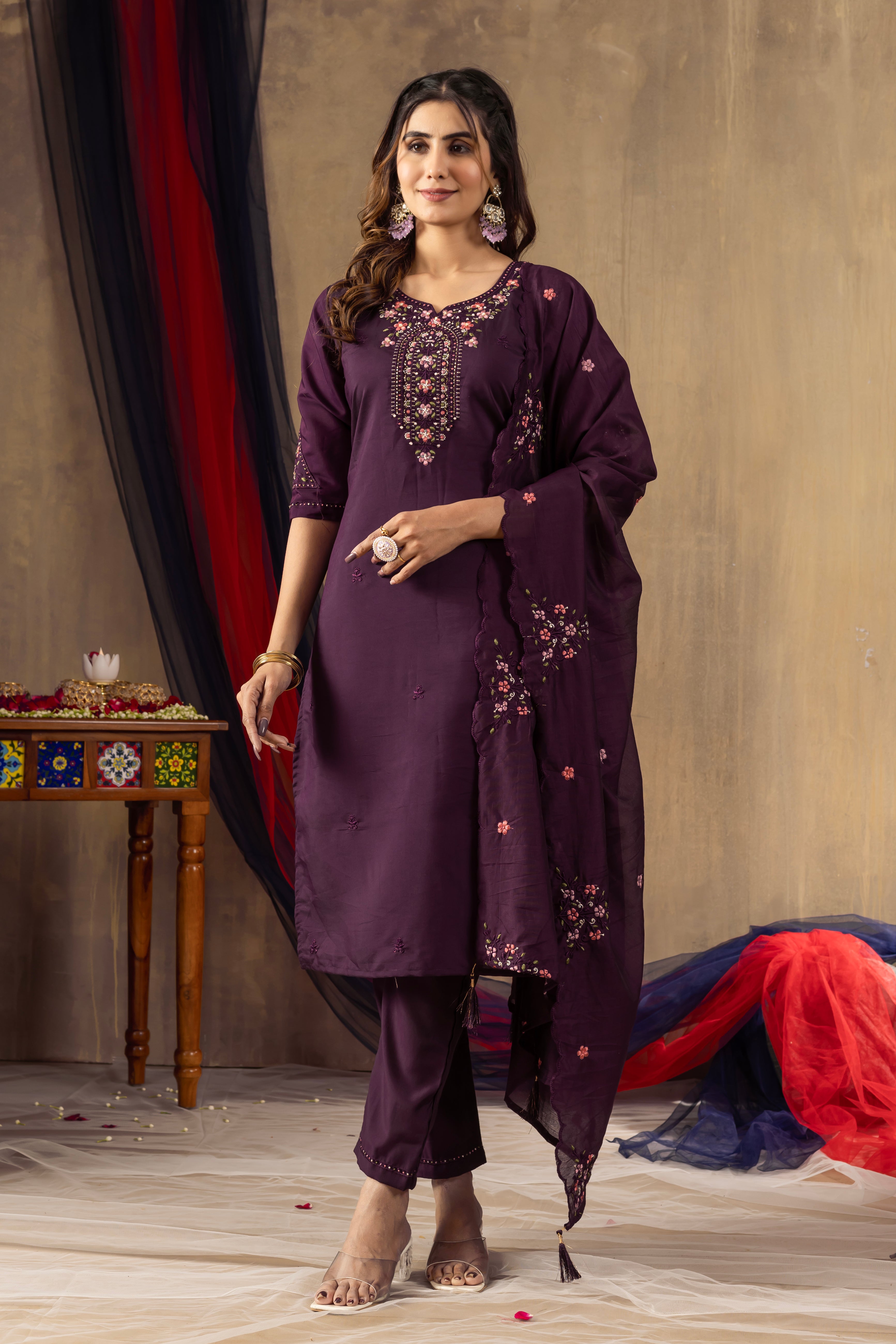 Roman Silk Embroidered Straight Kurti Set – Wine