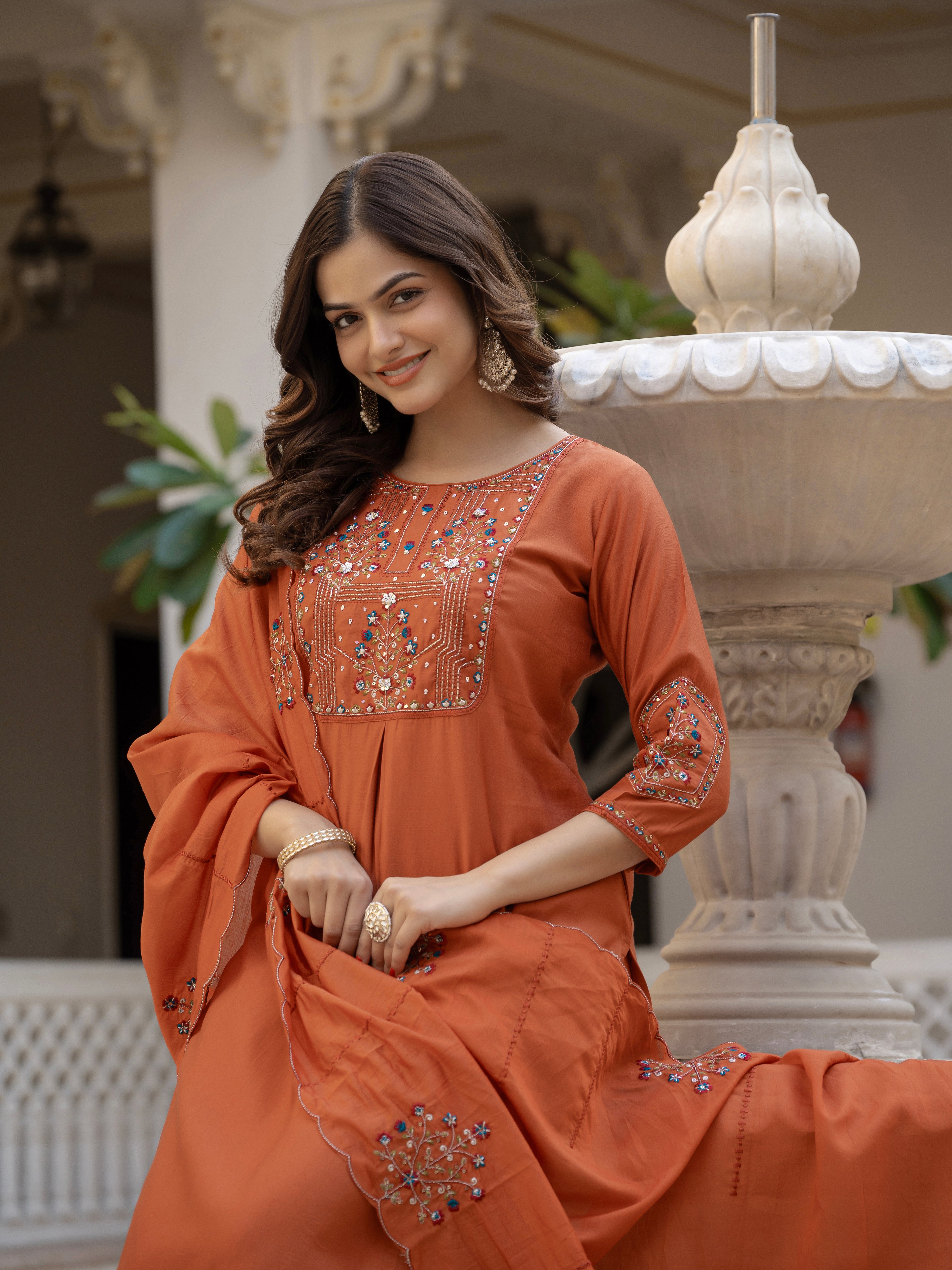 Pure Viscose Mango Silk Embroidered Straight Kurti Set – Rust
