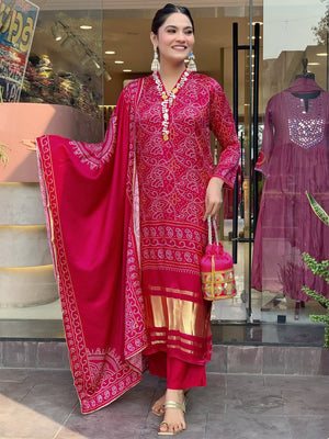 Viscose Silk Embroidered Kurta Pant Dupatta Set – Rani Pink