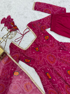 Soft Lightweight Chiffon Bandhej Fabric Inner Micro Cotton Embroidered Anarkali Set – Pink