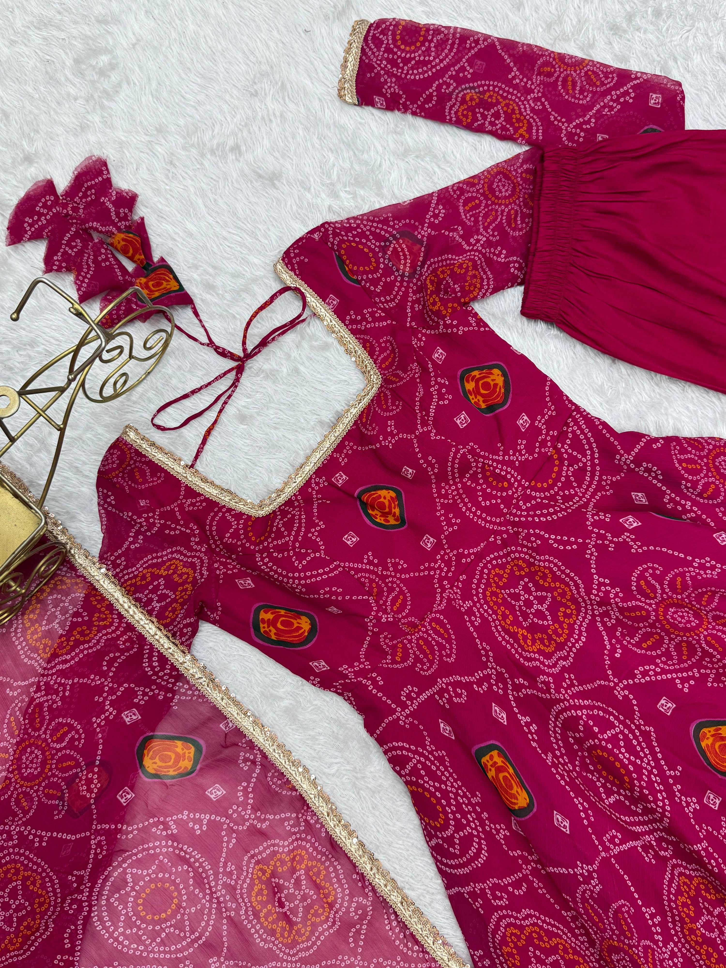 Soft Lightweight Chiffon Bandhej Fabric Inner Micro Cotton Embroidered Anarkali Set – Pink