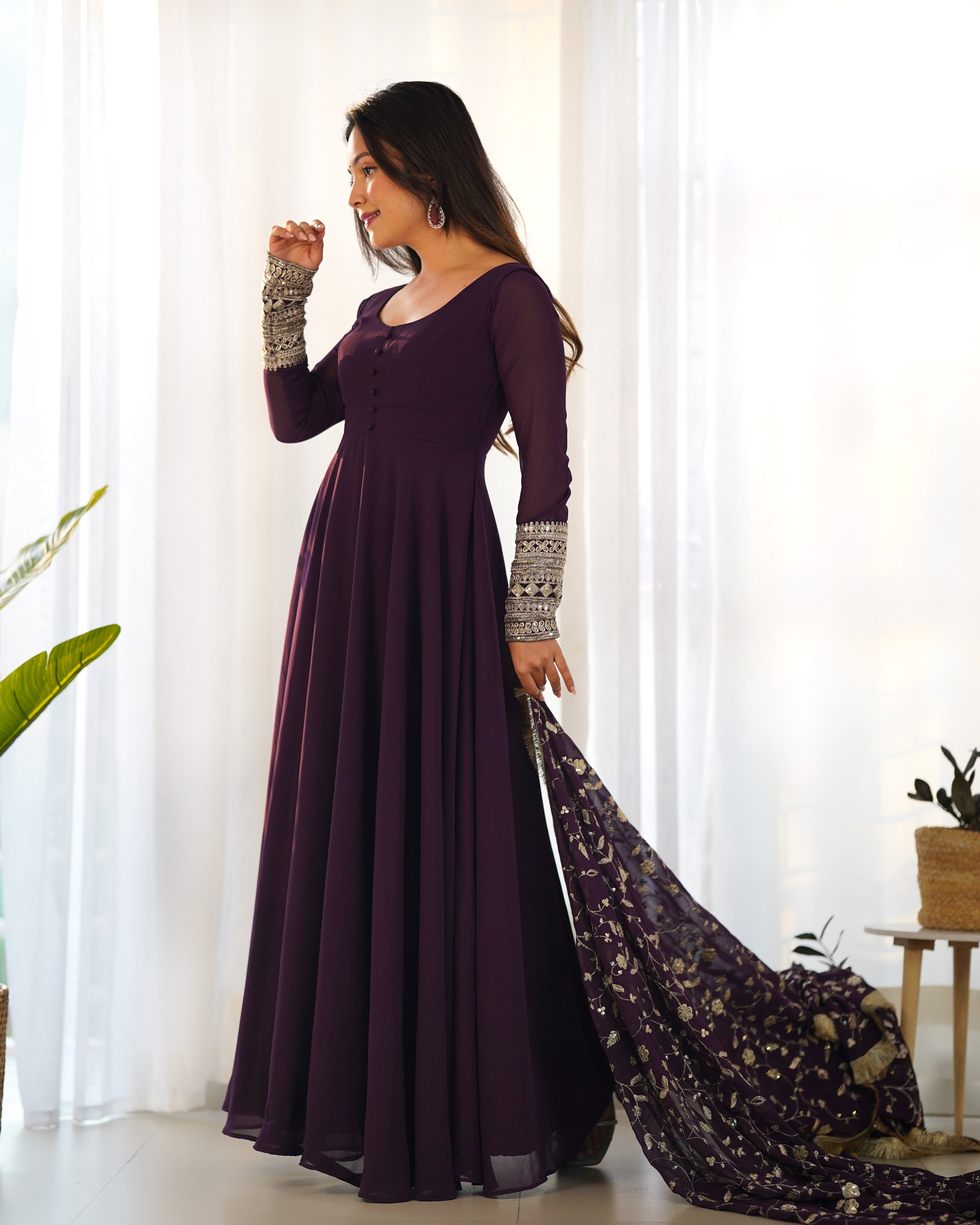 Georgette Embroidered Gown Set – Wine